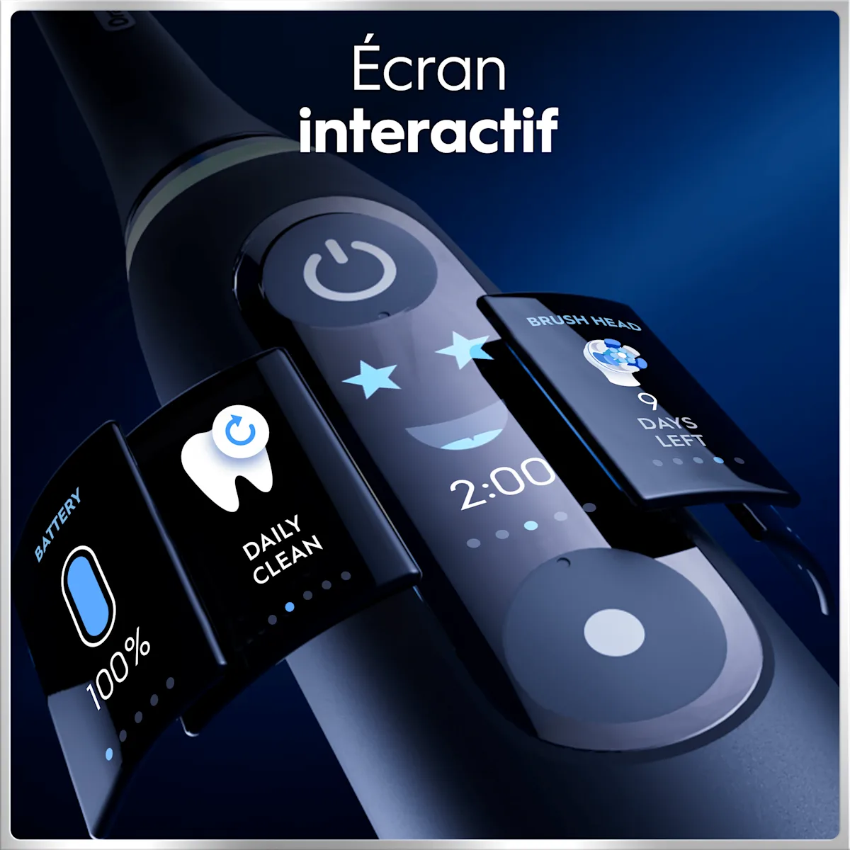 Brosse à dents électrique avec écran affichant minuterie 2:00, batterie 100%, mode nettoyage quotidien et rappel de remplacement.