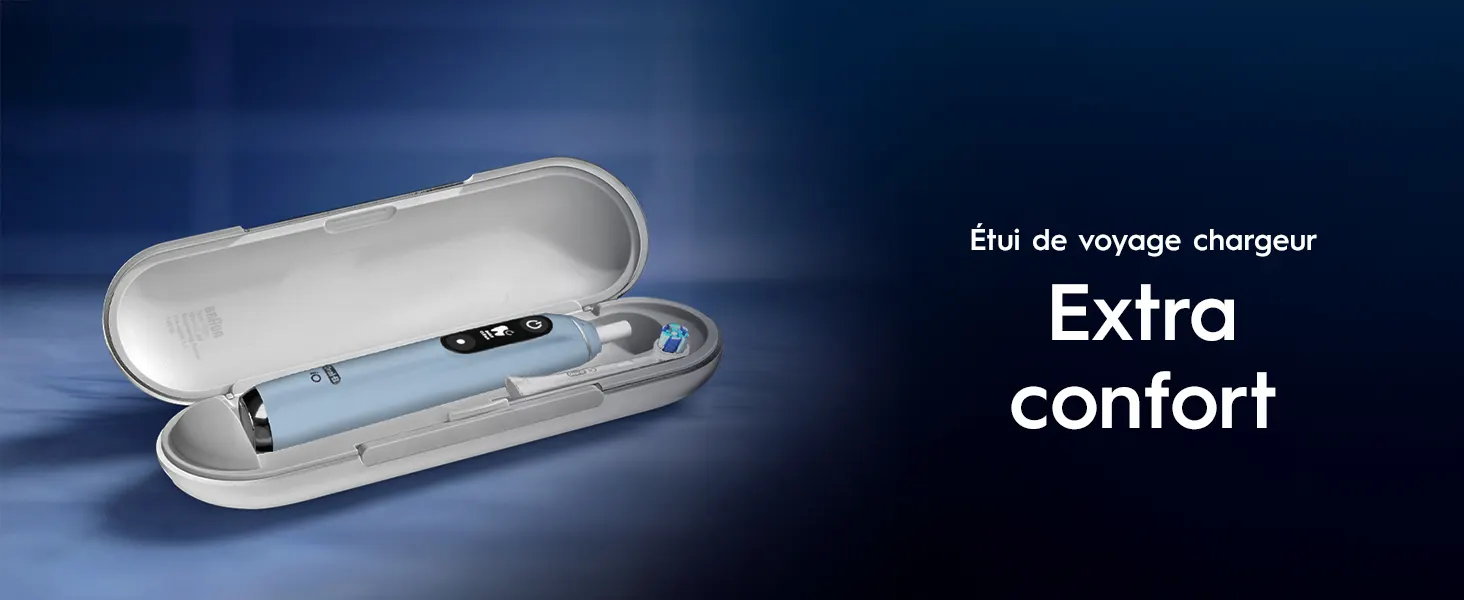 Brosse à dents Oral‑B iO 9 dans un étui de voyage rechargeur. 