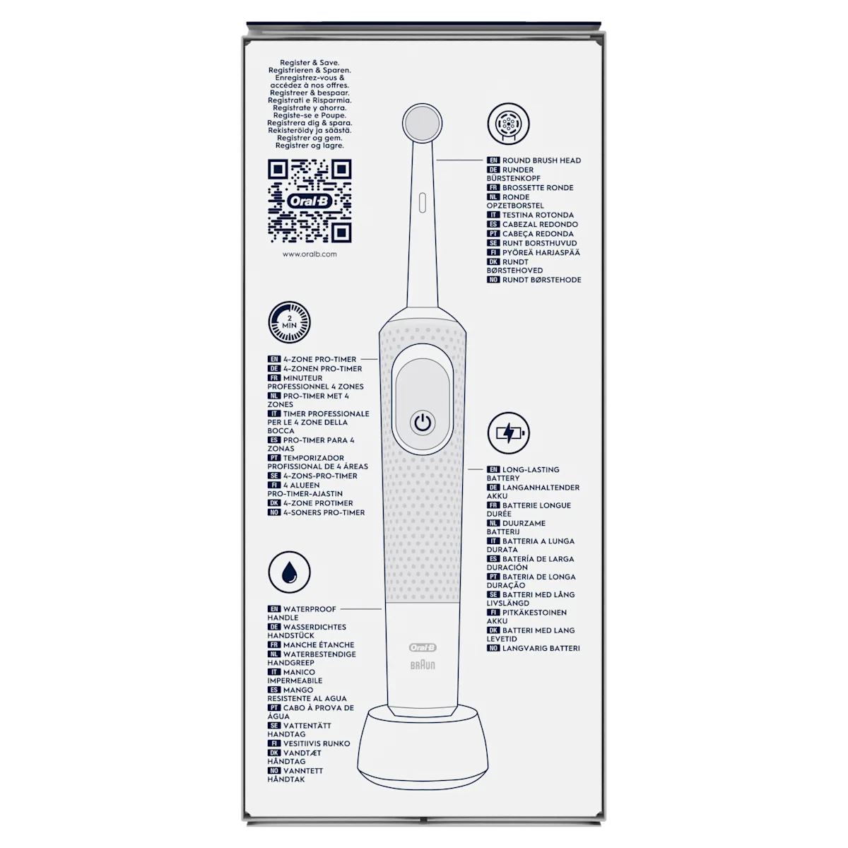Oral-B brosse à dents électrique avec tête ronde, minuteur professionnel 4 zones et batterie longue durée.