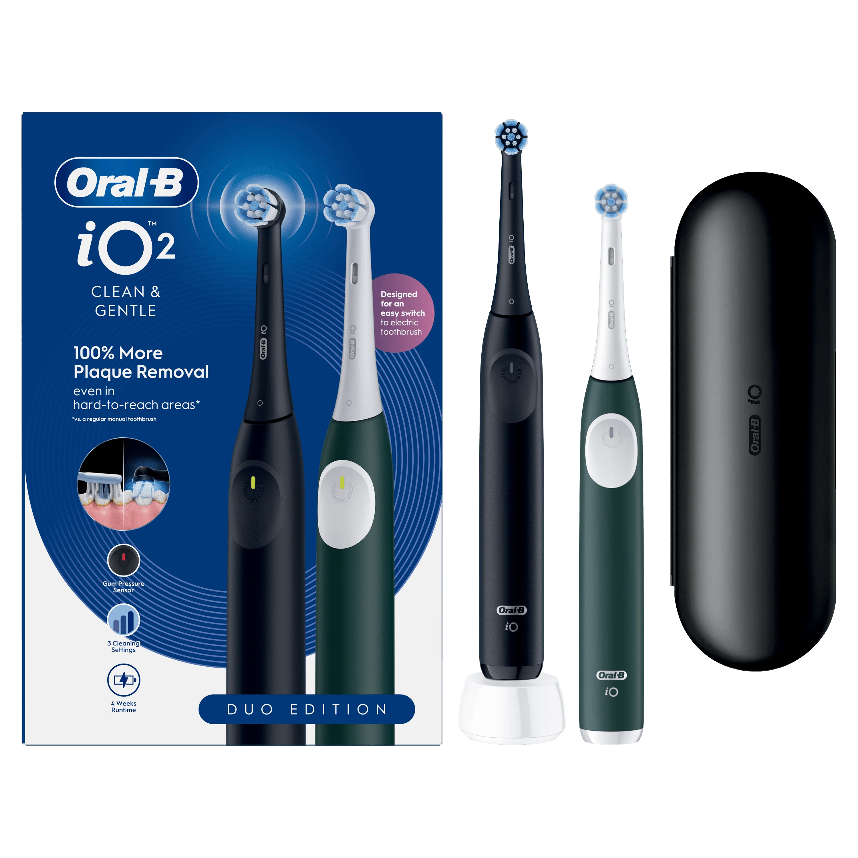 Oral-B iO2, emballage et 2 brosses. Élimine 100% de plaque dentaire en plus.
