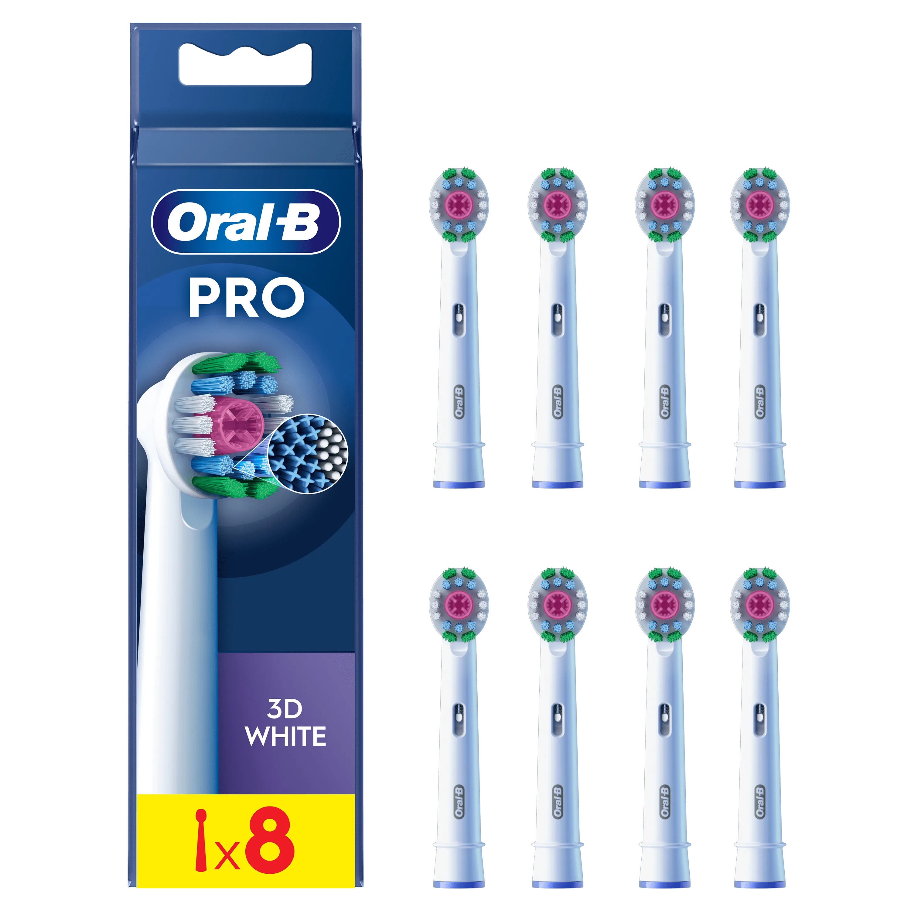 Oral-B PRO 3D White, pack XXL de 8 brossettes, promettant des dents plus blanches dès le premier jour.