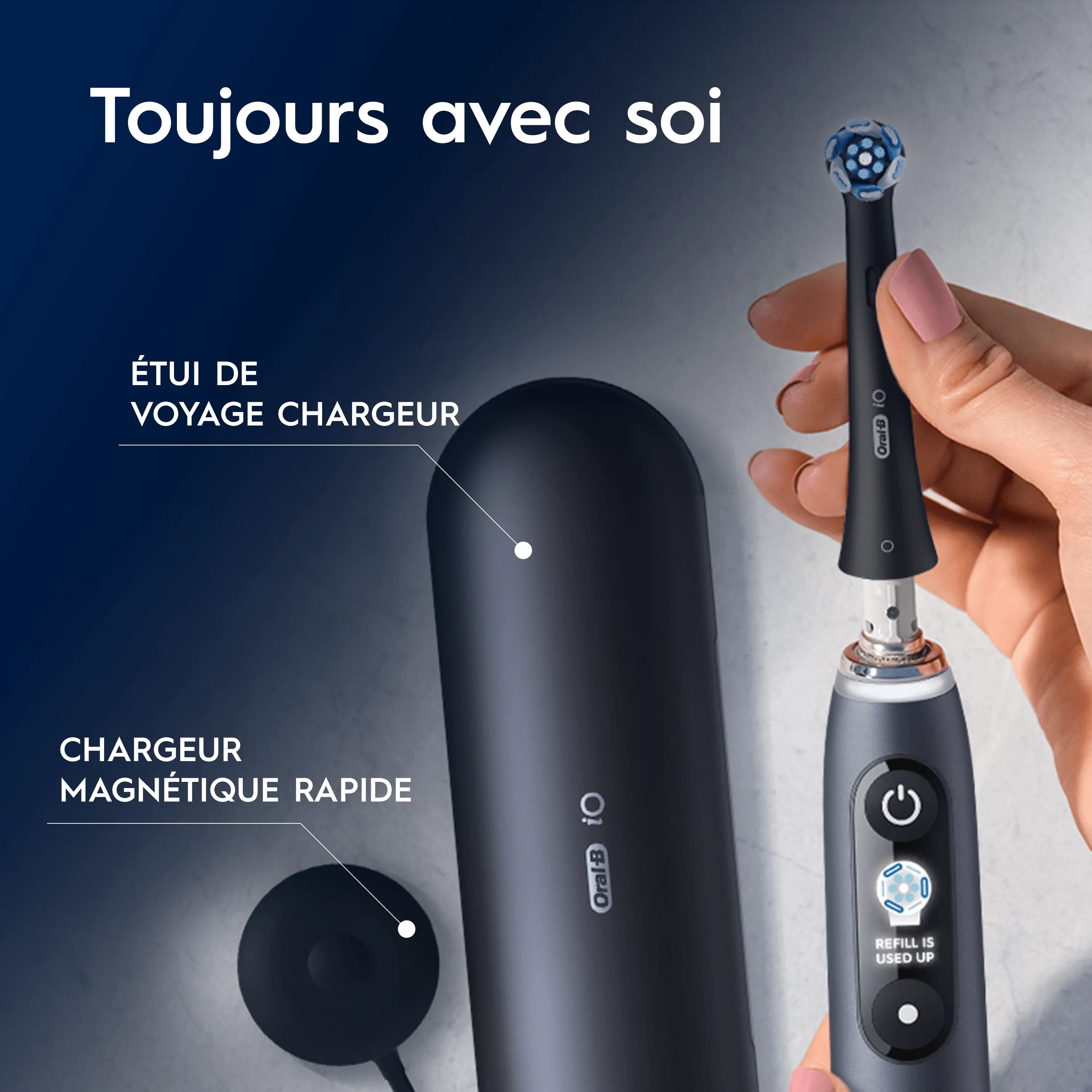 Brosse à dents électrique Oral-B iO avec étui de voyage et chargeur magnétique rapide.