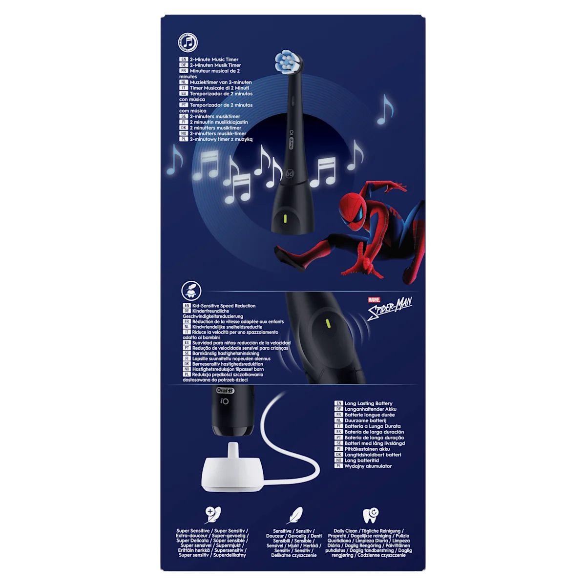 Oral-B iO brosse à dents électrique Spider-Man avec minuteur musical de 2 minutes, réduction de vitesse adaptée aux enfants et batterie longue durée.