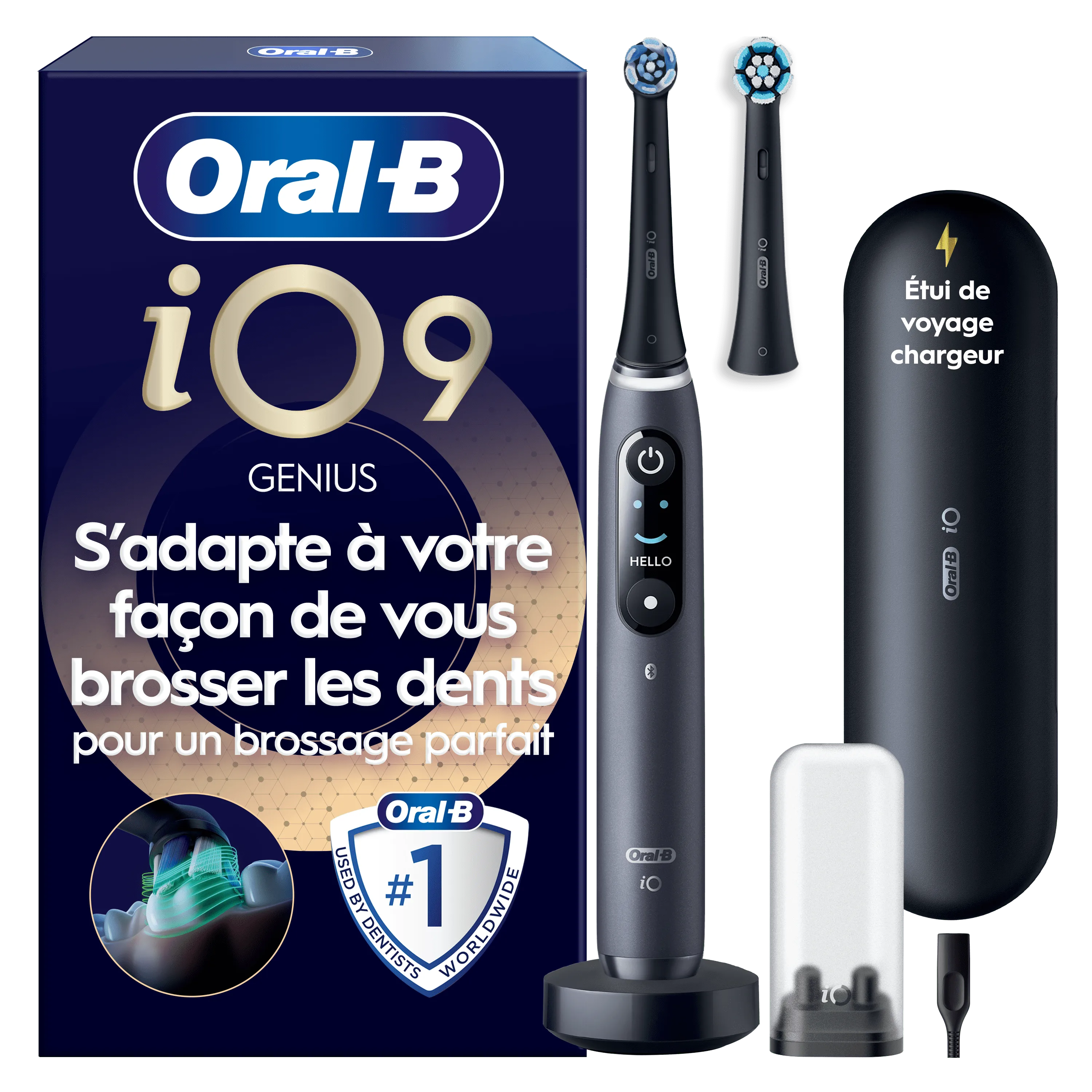 Brosse à dents électrique Oral-B iO 9 Noire, 2 brossettes, Étui de voyage chargeur