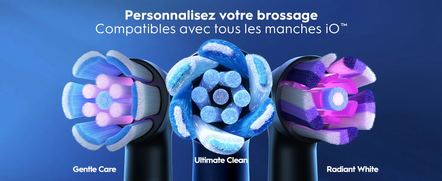 Trois têtes de brosse à dents iO colorées: Gentle Care, Ultimate Clean et Radiant White