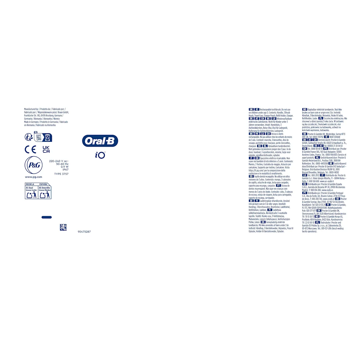 Oral-B iO, emballage montrant le contenu : manche, 3 brossettes, étui de voyage, pochette pour chargeur, porte-brossettes, chargeur.