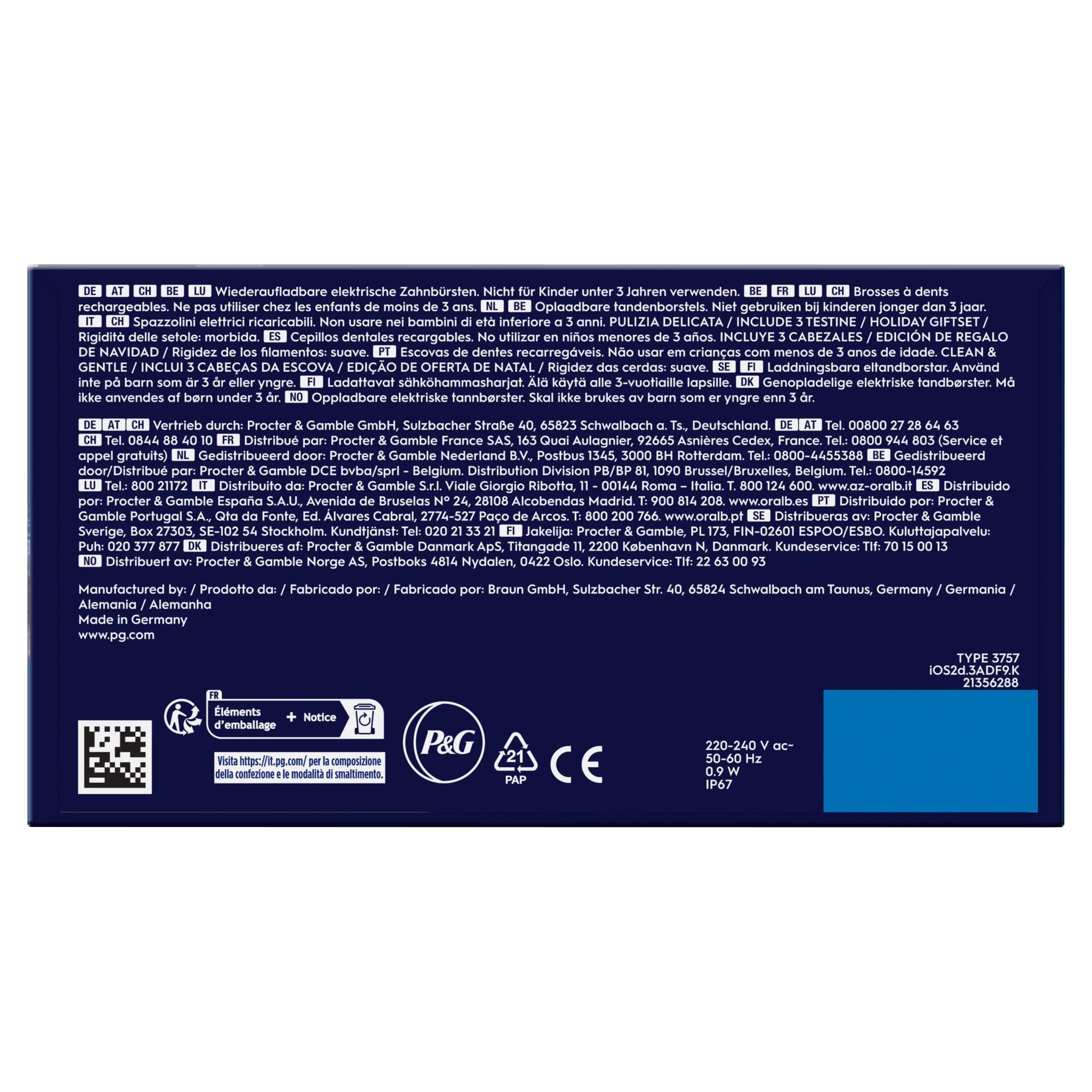 Emballage de brosses à dents rechargeables Oral-B, mettant en avant la mention « INCLU 3 TESTINE » pour 3 têtes de brosse incluses.;
