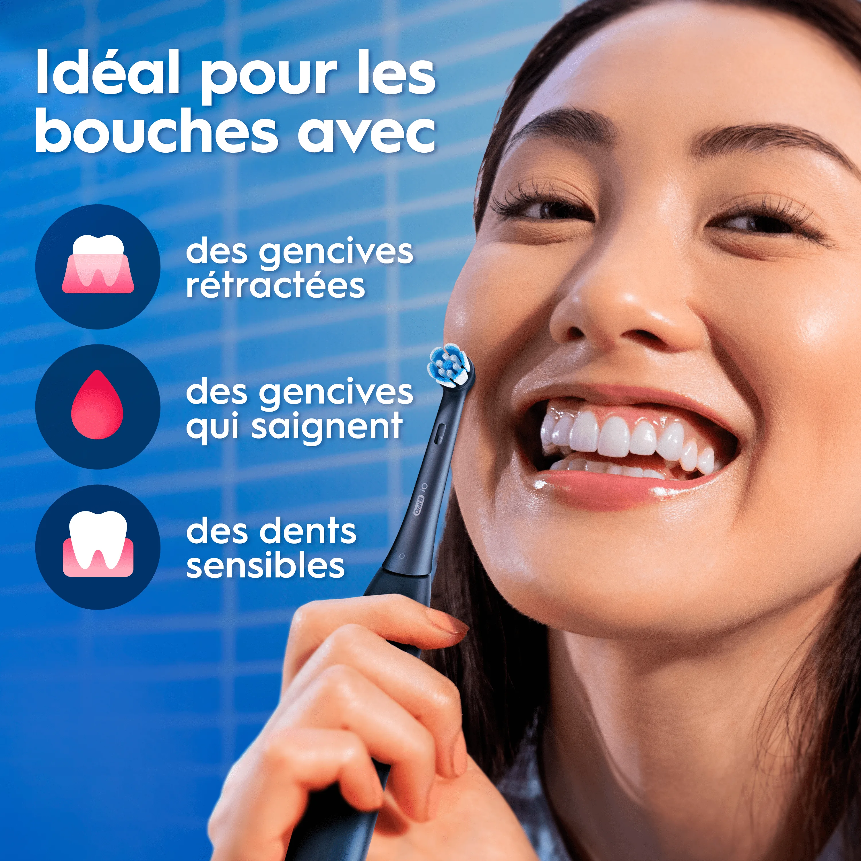 Brosse à dents électrique présentée comme solution pour gencives rétractées, gencives qui saignent et dents sensibles.