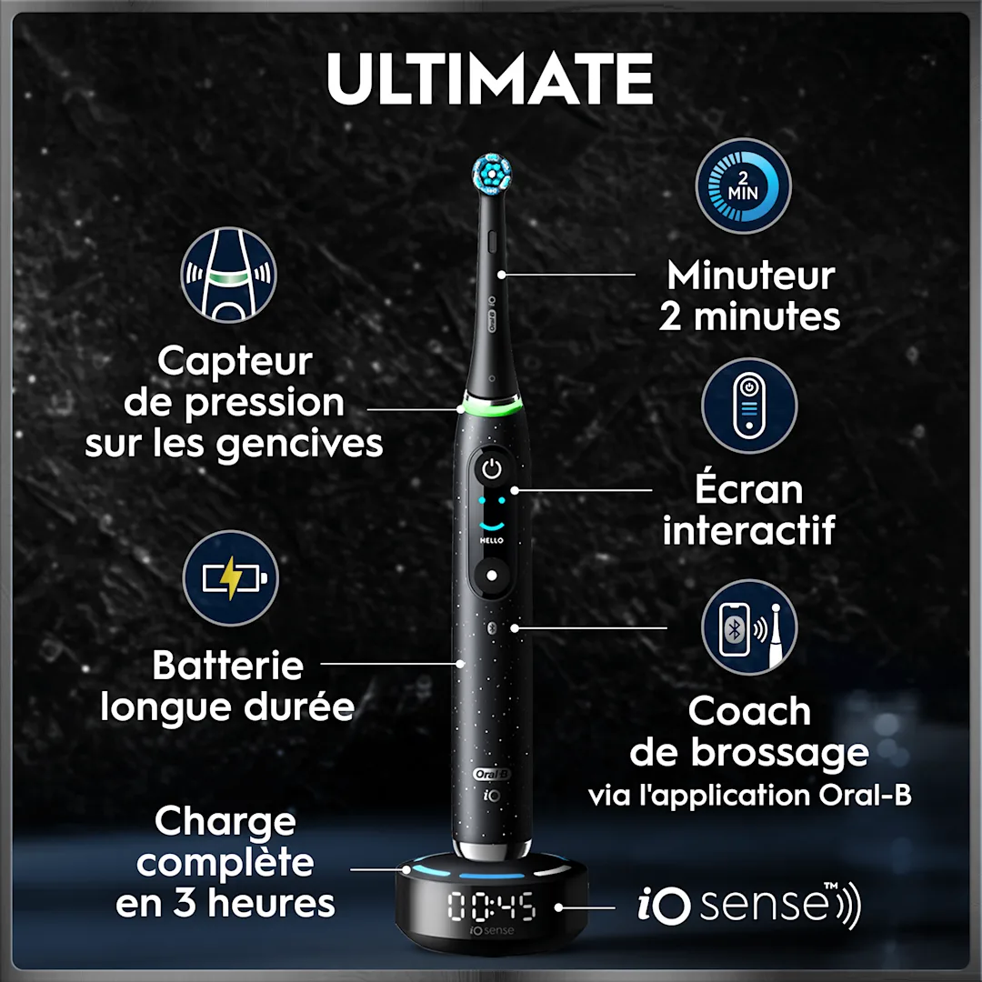 Brosse à dents électrique Oral-B Ultimate avec minuteur, capteur de pression, écran interactif et coach de brossage via l'application.