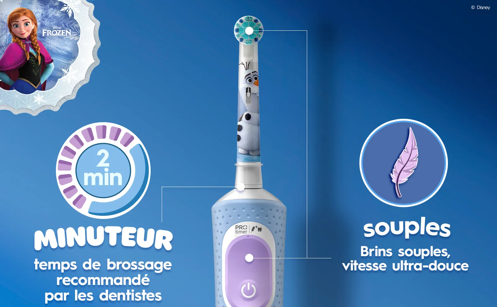 Brosse à dents électrique : des brins doux, un minuteur 2 min., avec Anna de la Reine des Neiges.