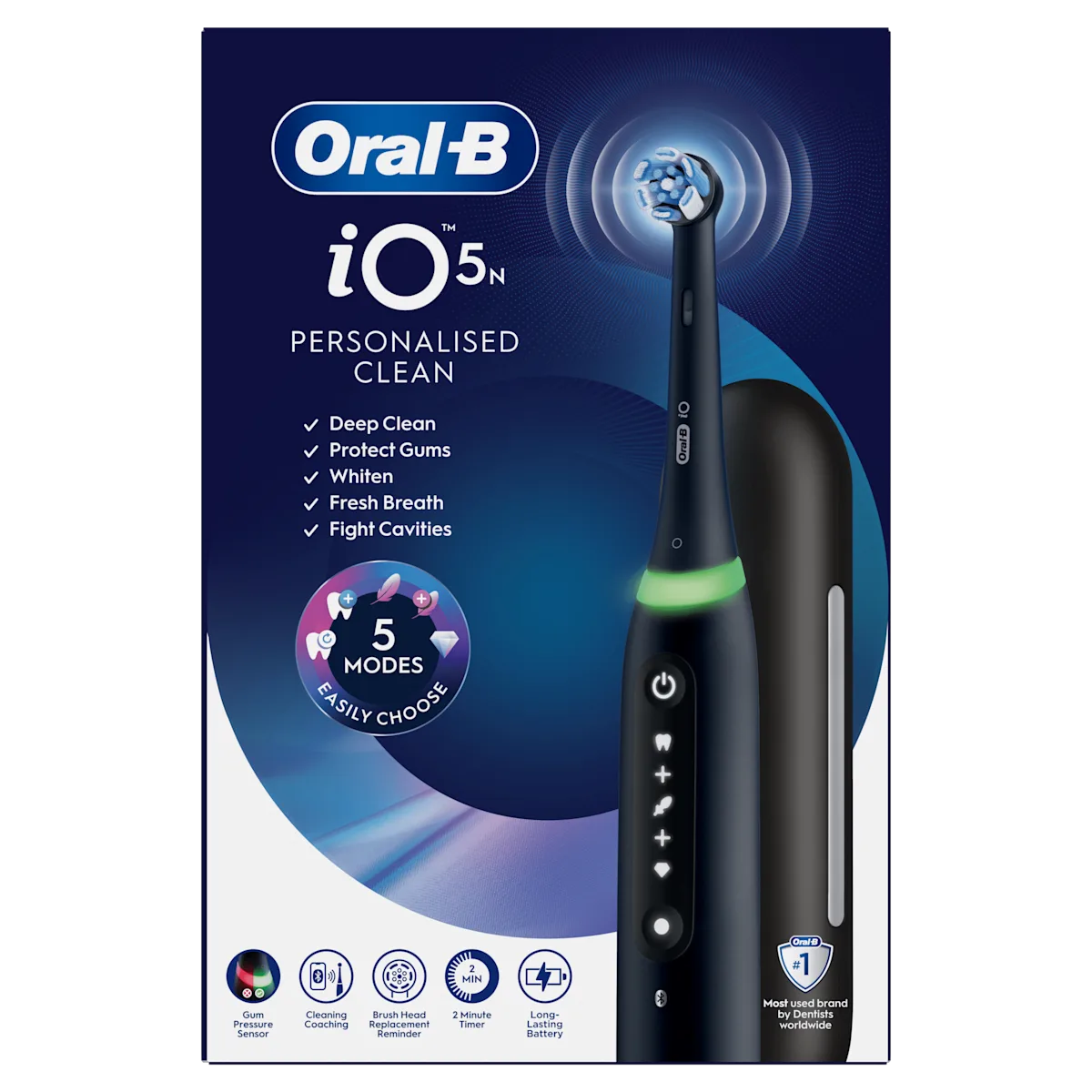 Oral-B iO 5n avec son emballage qui met en avant ses 5 modes de brossage personnalisés.