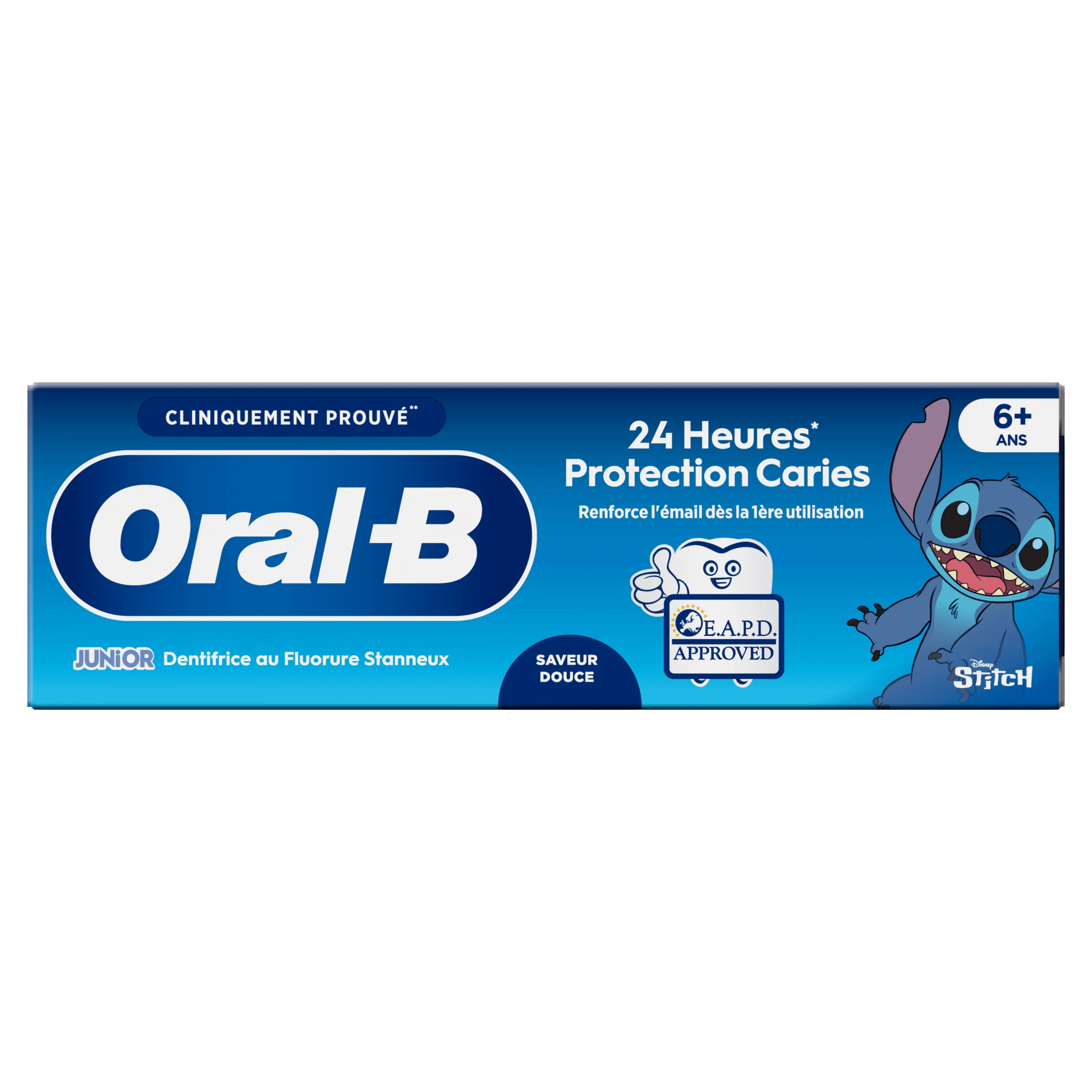 Oral-B Junior, dentifrice au fluorure stanneux, protection caries 24 heures, approuvé par E.A.P.D., avec Stitch de Disney.