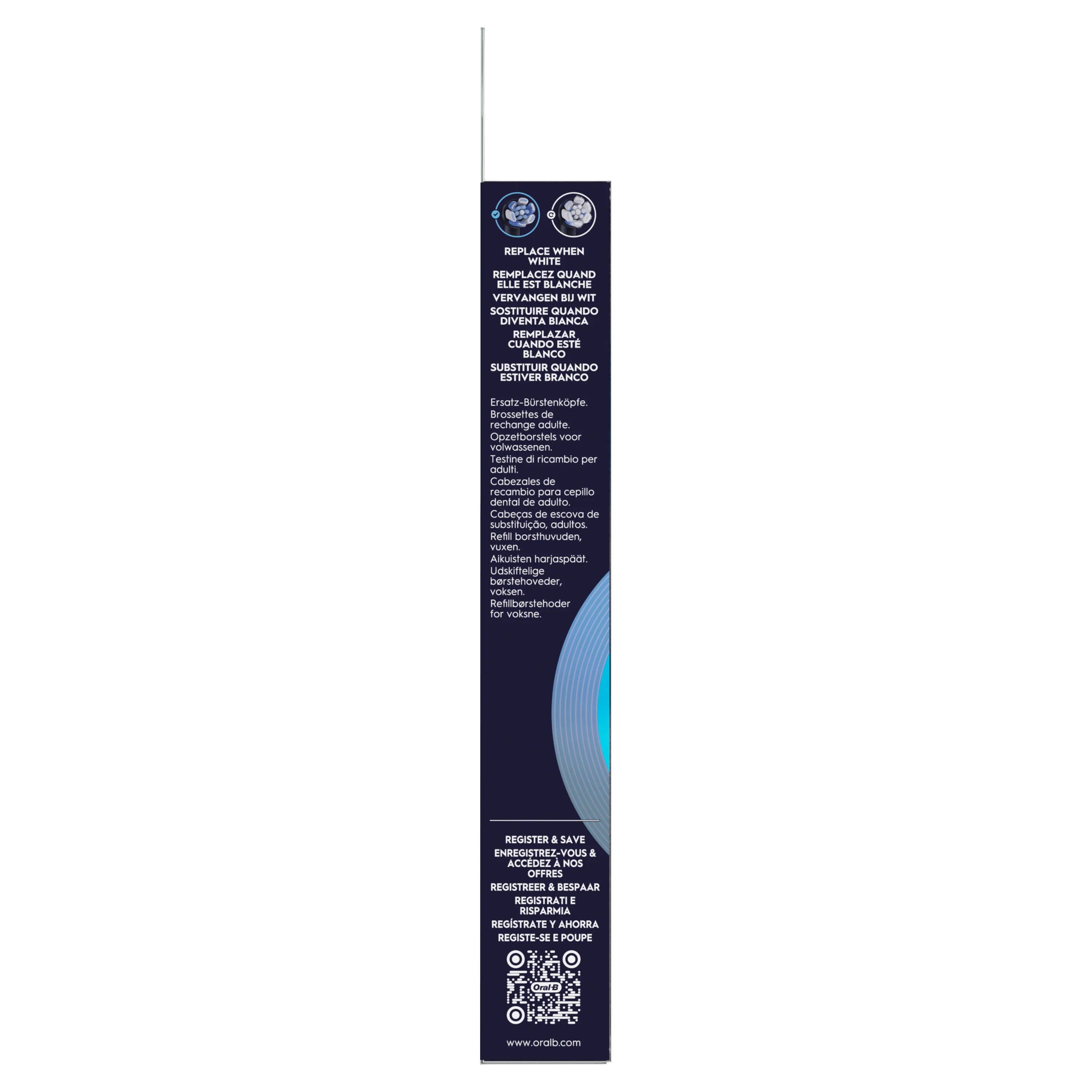 Oral-B brossettes de rechange, emballage indiquant de remplacer quand elle est blanche.