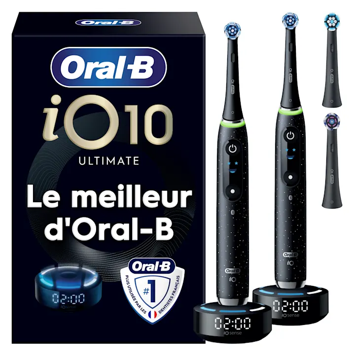 Oral-B iO10 Ultimate, le meilleur d’Oral-B, avec 2 brosses, chargeur iOsense et têtes de brosse.