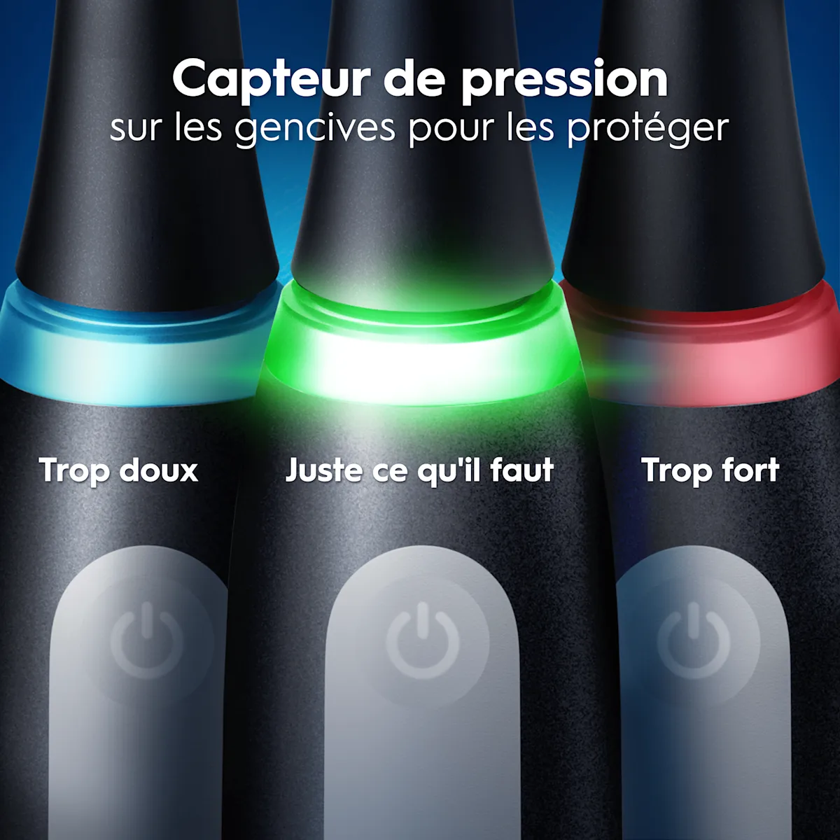 Oral-B: Le capteur de pression protège les gencives avec des indicateurs lumineux colorés.