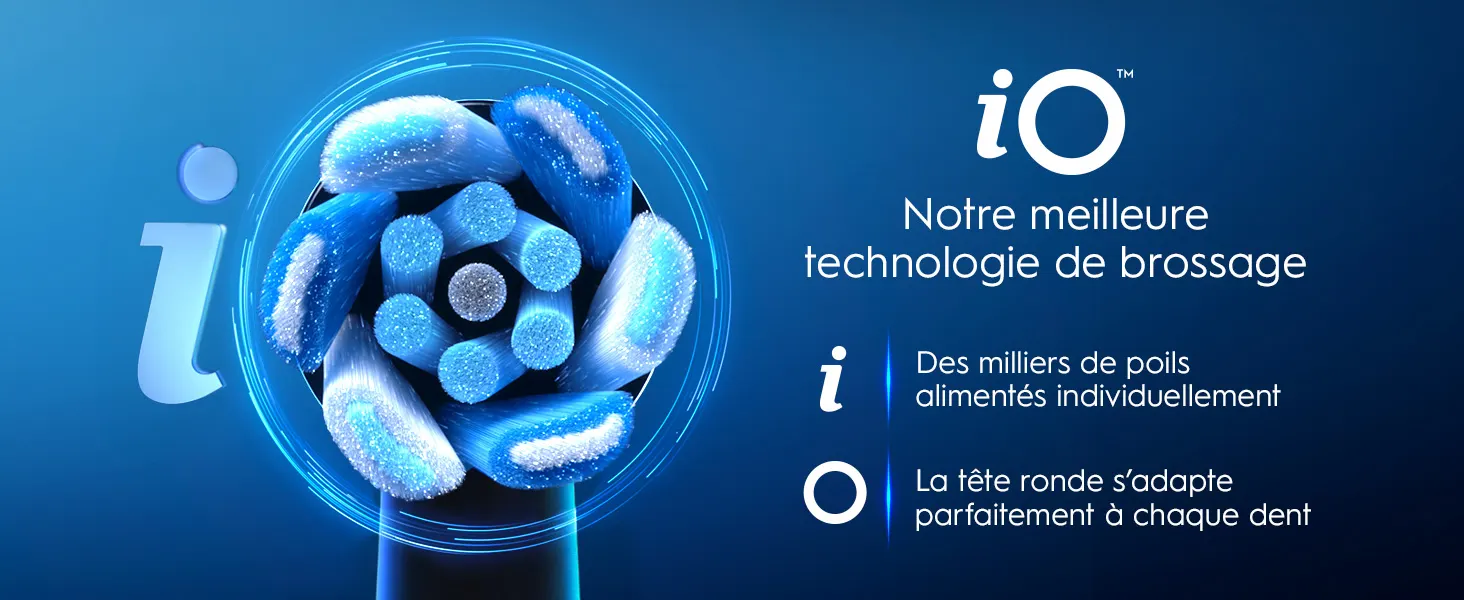 Brosse à dents iO avec tête ronde et poils bleus, technologie avancée pour un brossage optimal.
