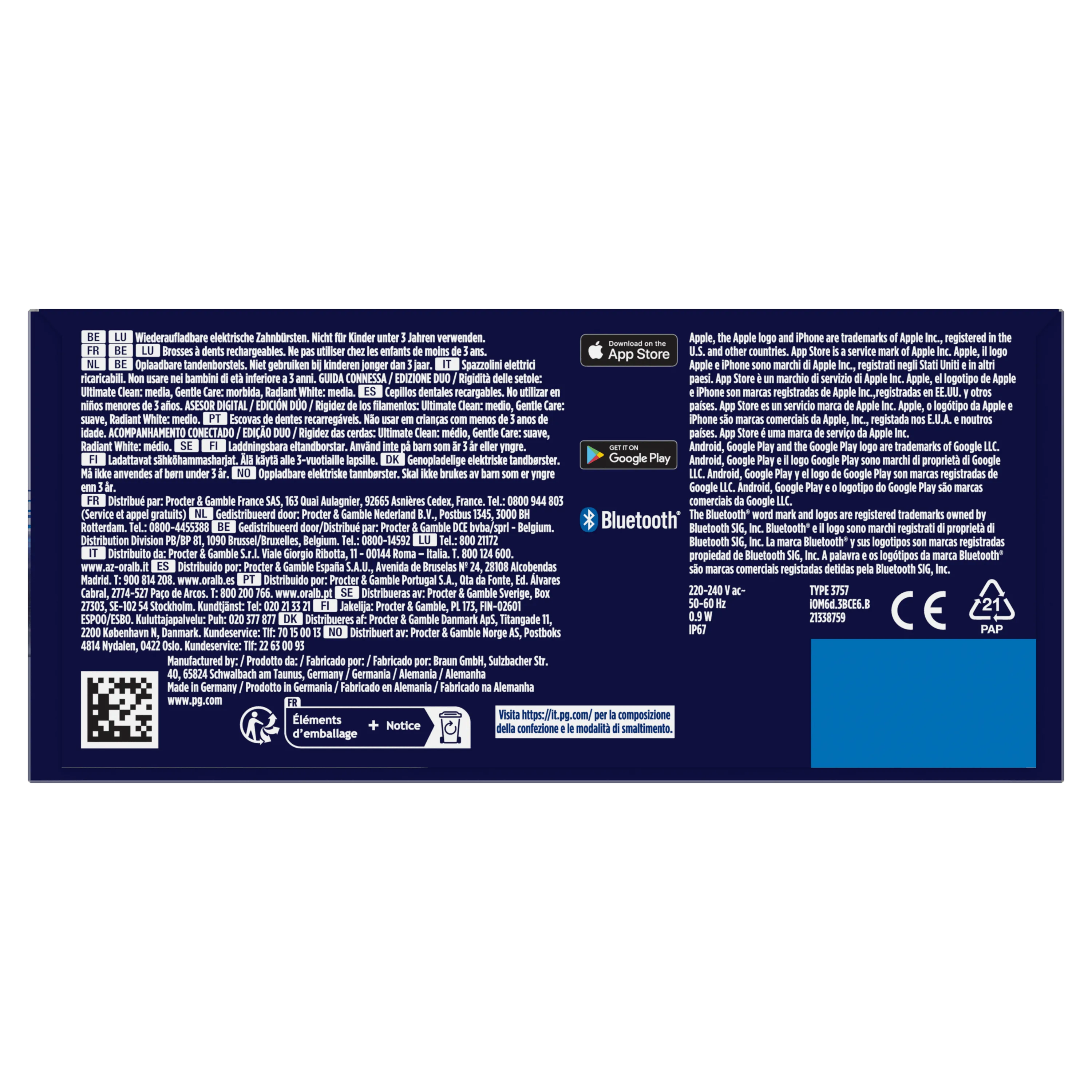 Oral-B, informations d’emballage et de conformité, avec mentions légales Apple, Google, et Bluetooth.