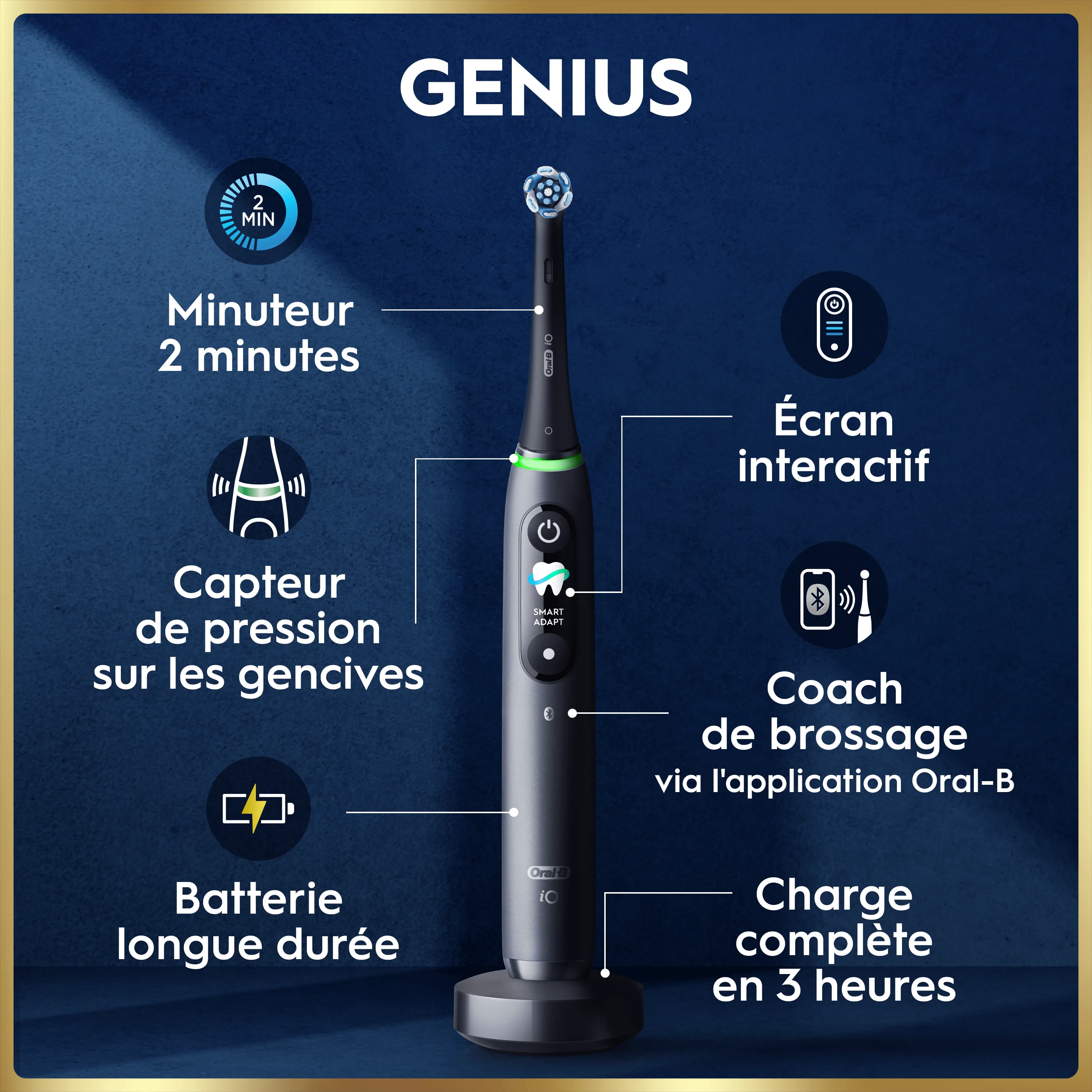 Brosse à dents Oral-B Genius: minuteur, capteur de pression, écran interactif, coach via app et batterie à charge rapide.