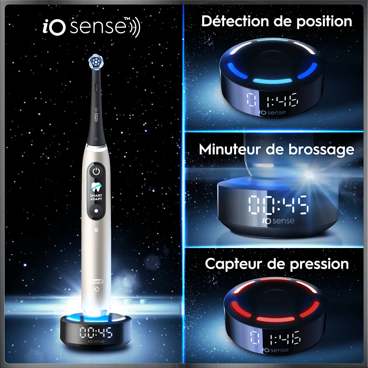 Brosse à dents électrique iO sense avec base intelligente offrant détection de position, minuteur et capteur de pression.