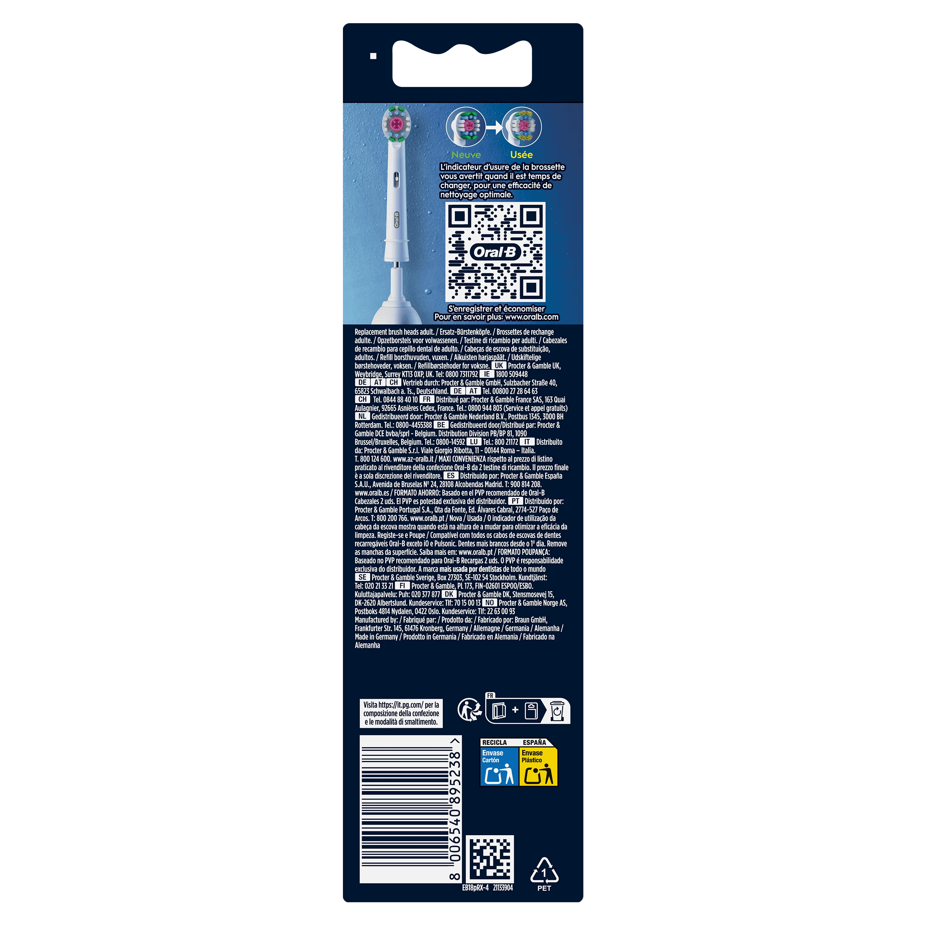 Oral-B brossettes de rechange, l'indicateur d'usure vous avertit quand il est temps de changer pour une efficacité de nettoyage optimale.