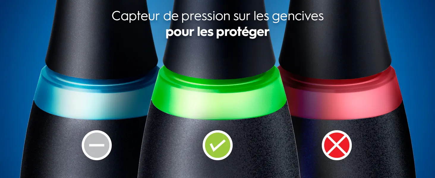 Brosses à dents avec capteurs de pression colorés indiquant différents niveaux de pression 