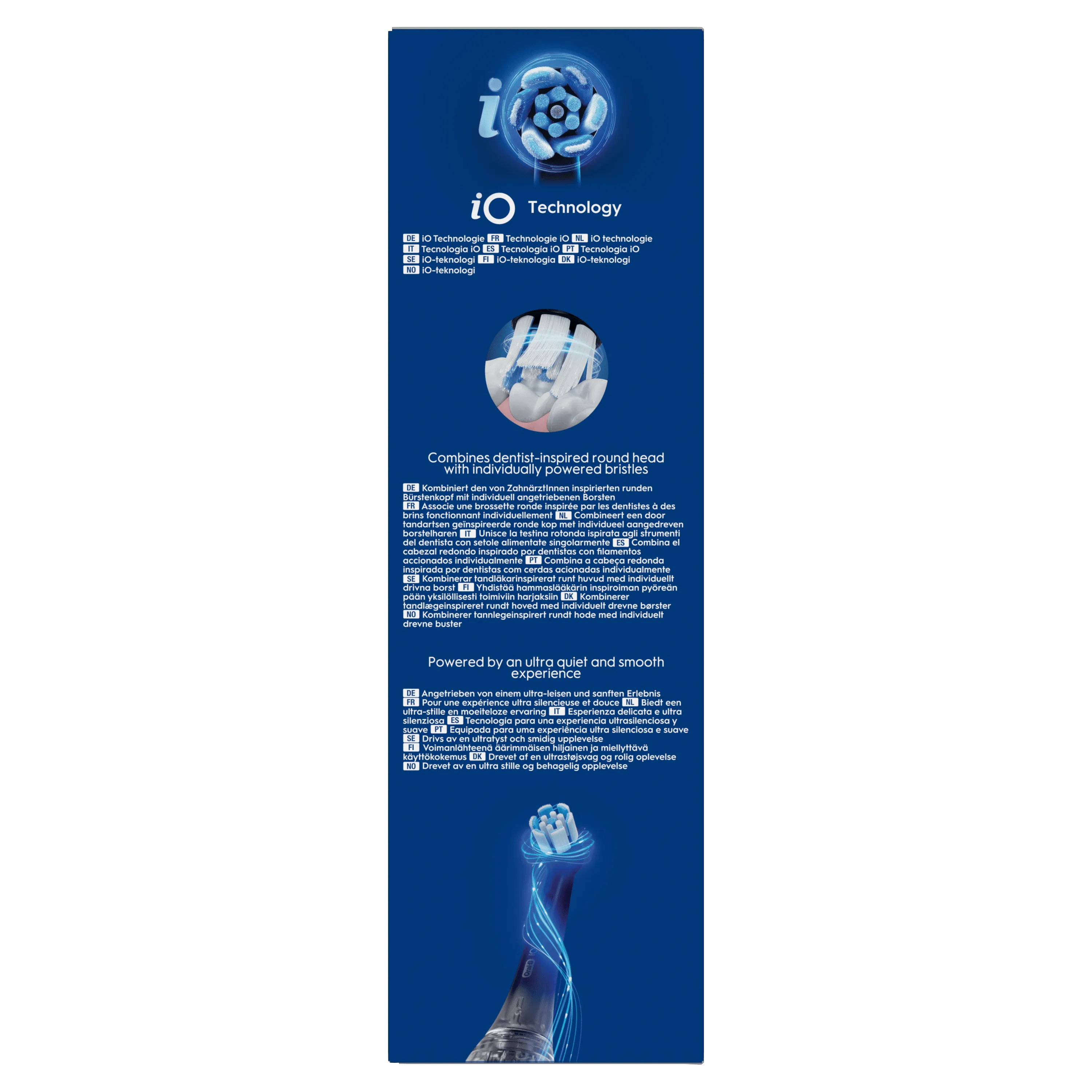 Oral-B iO Technology, combinant une brossette ronde inspirée par les dentistes à des brins fonctionnant individuellement.