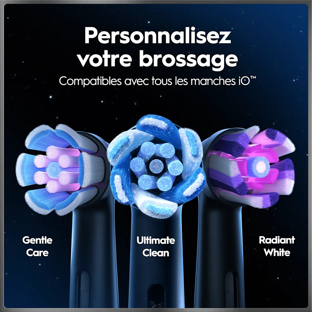 Trois têtes de brosse à dents électriques différentes: Gentle Care, Ultimate Clean et Radiant White, compatibles avec manches iO™.
