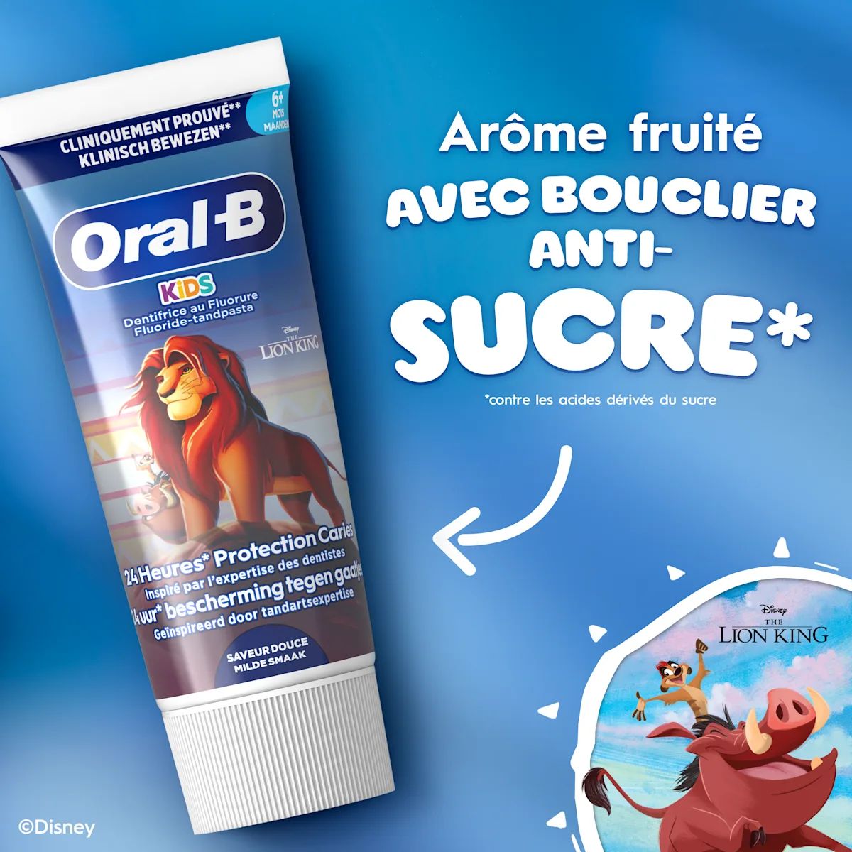 Dentifrice Oral-B Enfants avec bouclier anti-sucre et dessin Le Roi Lion.