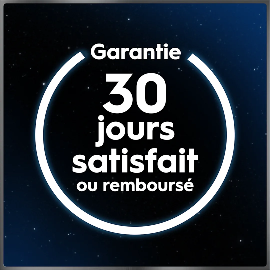 Badge promotionnel sur fond étoilé avec texte "Garantie 30 jours satisfait ou remboursé" encerclé d'un anneau blanc lumineux.