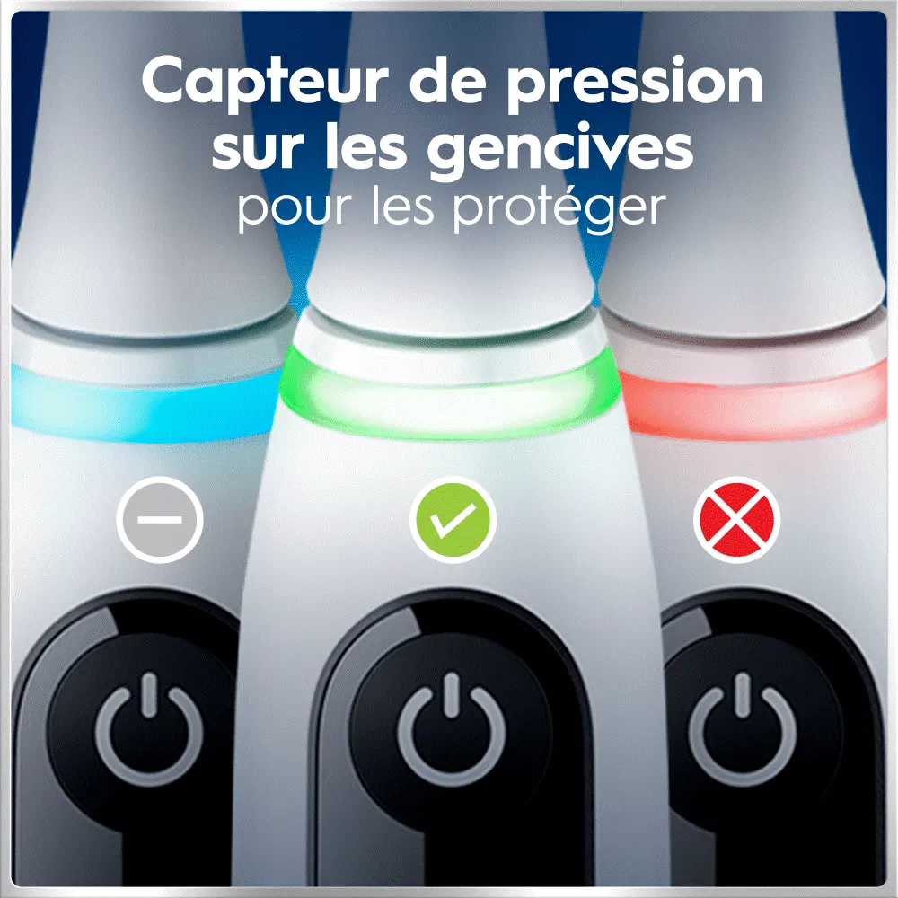 Trois brosses à dents électriques avec capteur de pression indiquant différents niveaux (rouge, vert, bleu) pour protéger les gencives.
