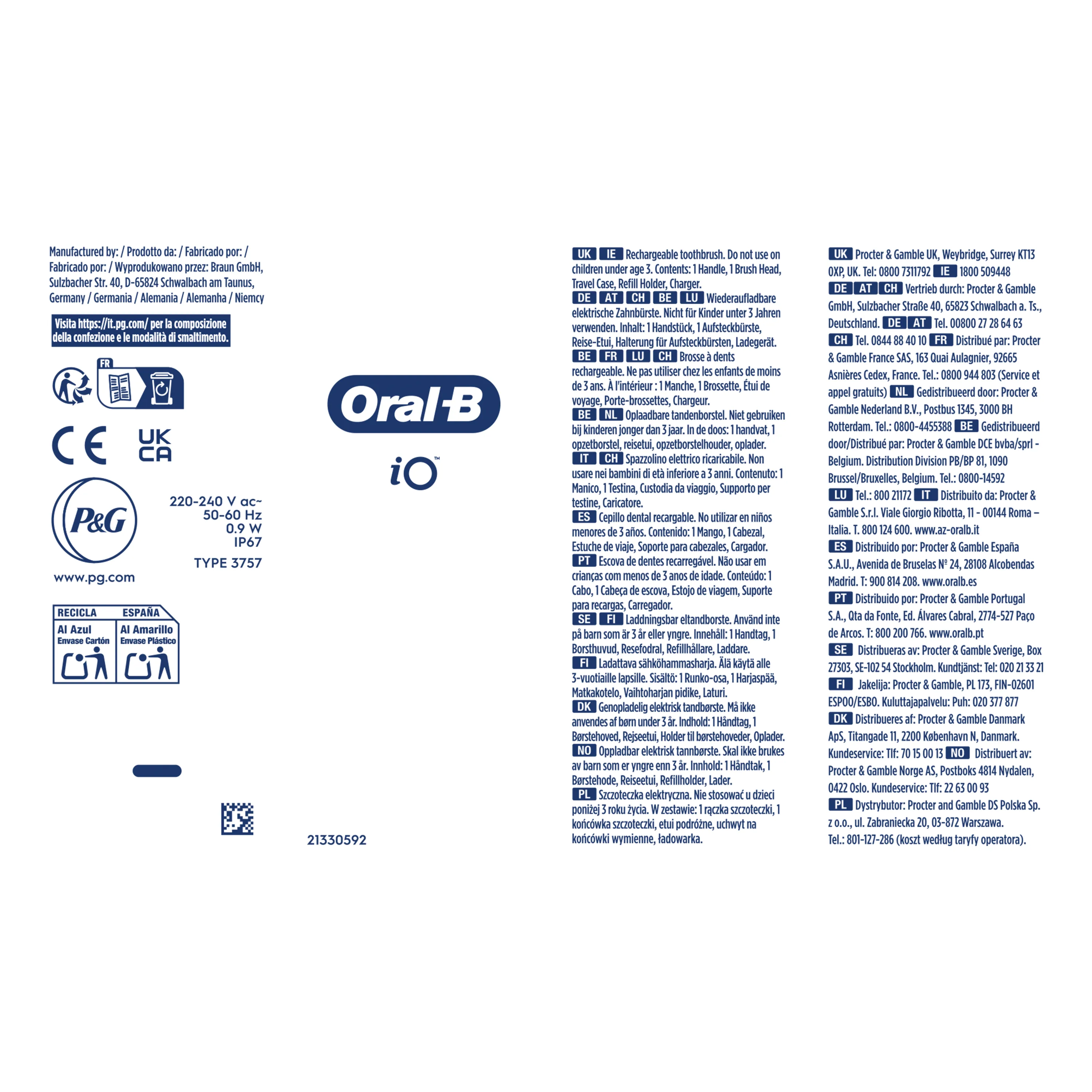 Emballage de la brosse à dents rechargeable Oral-B iO, listant les accessoires inclus : manche, tête de brosse, étui de voyage, support de recharge et chargeur.