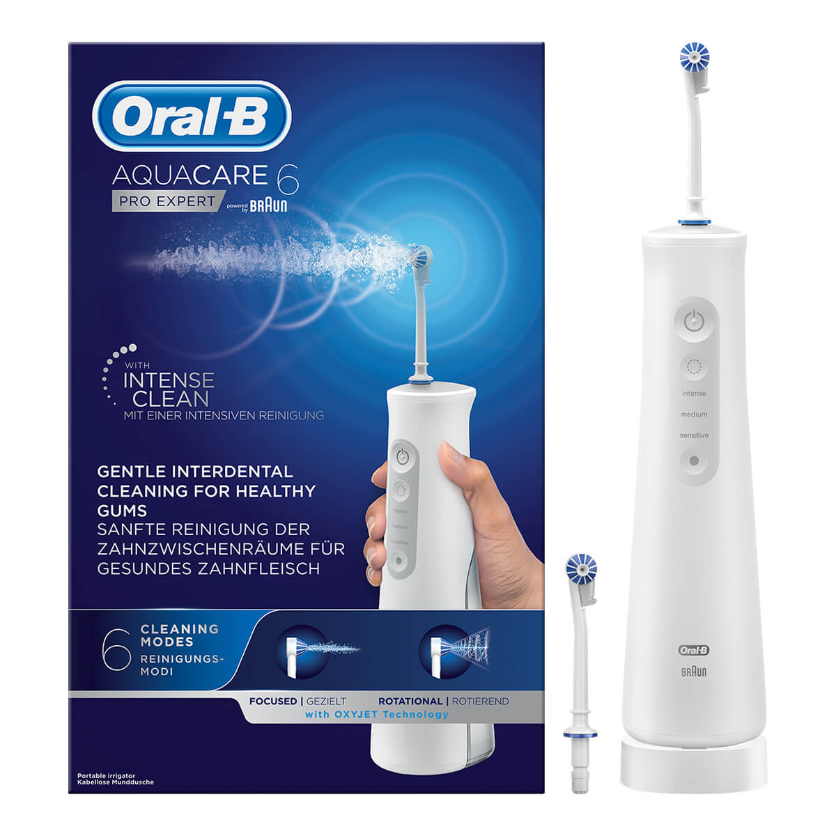 Améliorez votre hygiène buccale quotidienne avec l'hydropulseur Oral-B Aquacare Pro-Expert, avec technologie Oxyjet pour un soin des gencives vivifiant. Un hydropulseur portable pour prendre soin de vos gencives - même en voyage. A utiliser en complément du brossage. Oral-B, la marque de brosse à dents la plus utilisée par les dentistes eux-mêmes dans le monde.Technologie Oxyjet : enrichie à l’eau avec des microbulles pour une action de nettoyage intensifiéeMode unique à la demande : Pour libérer le jet d’eau seulement si nécessaire 3 intensités : personnalisez votre nettoyage avec des pressions d’eau intense, normale, ou douceur2 types de jets : choisissez un jet d’eau ciblé ou rotatifContenu: 1 hydropulseur, 1 chargeur, 2 canules Oxyjet