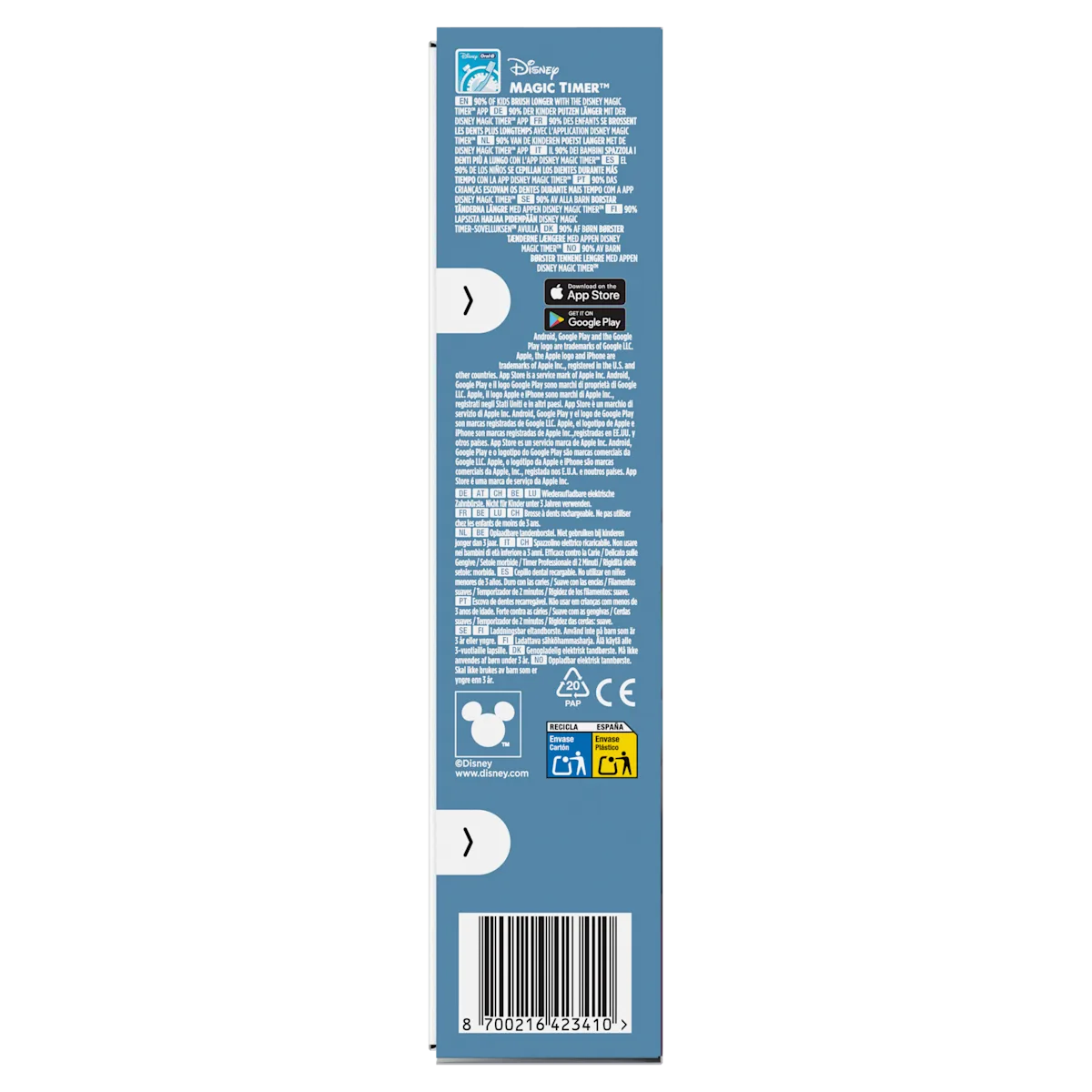Emballage de brosse à dents Oral-B Disney Magic Timer, avec la mention 90 % des enfants se brossent les dents plus longtemps avec lâ application.