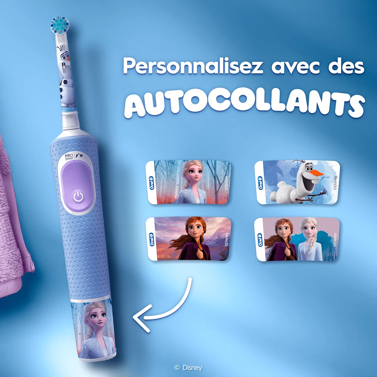 Brosse à dents électrique Oral-B au design Frozen, avec autocollant personnalisable des personnages du film.