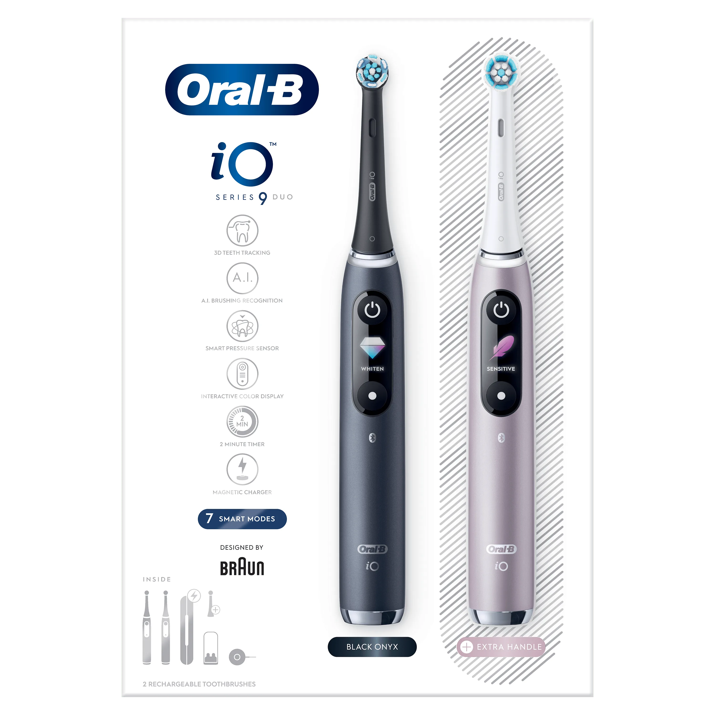 Oral-B iO Series 9 Duo, présentant 7 modes de brossage intelligents et deux brosses à dents rechargeables.