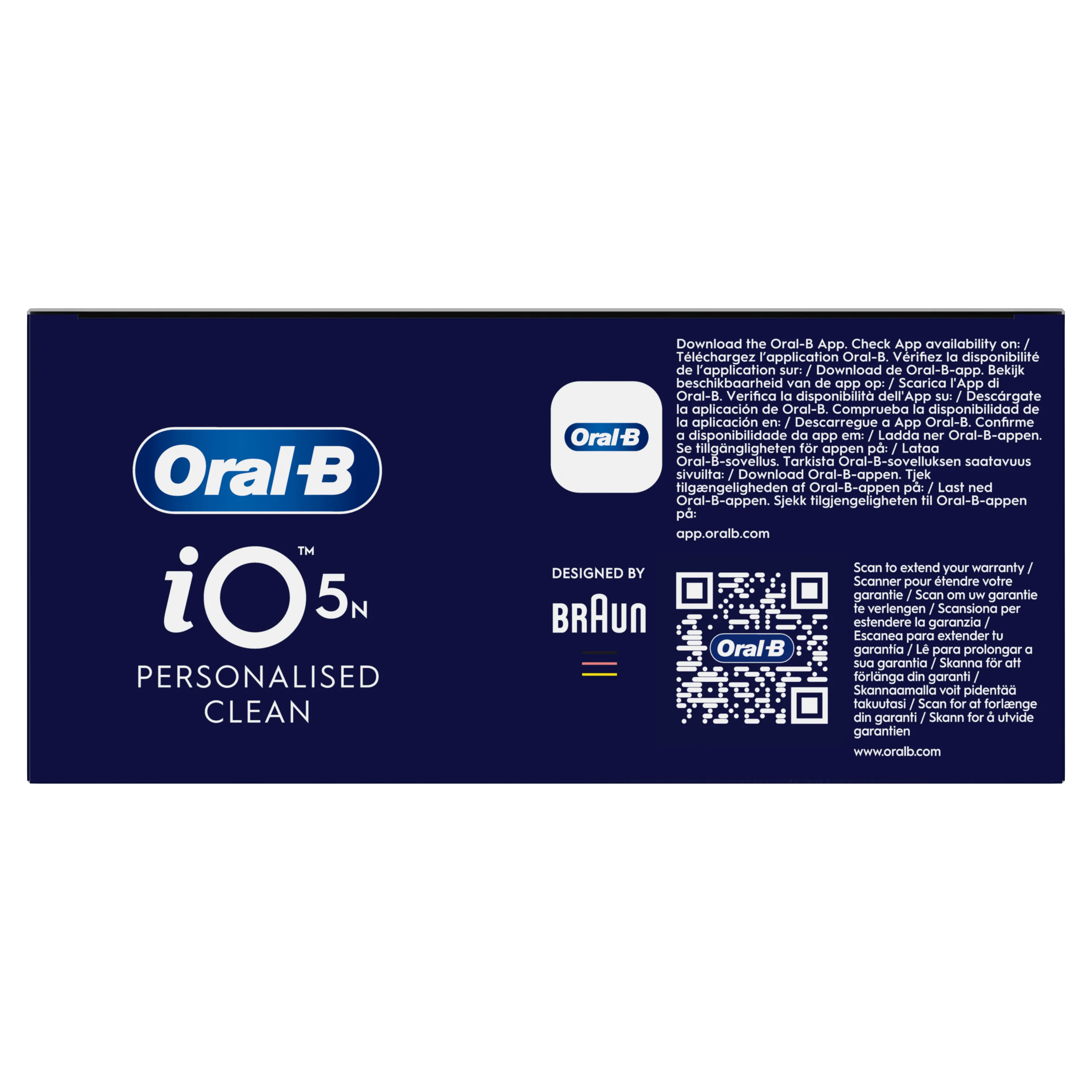 Oral-B iO 5n, avec la mention Personalised Clean et un code QR pour étendre la garantie.