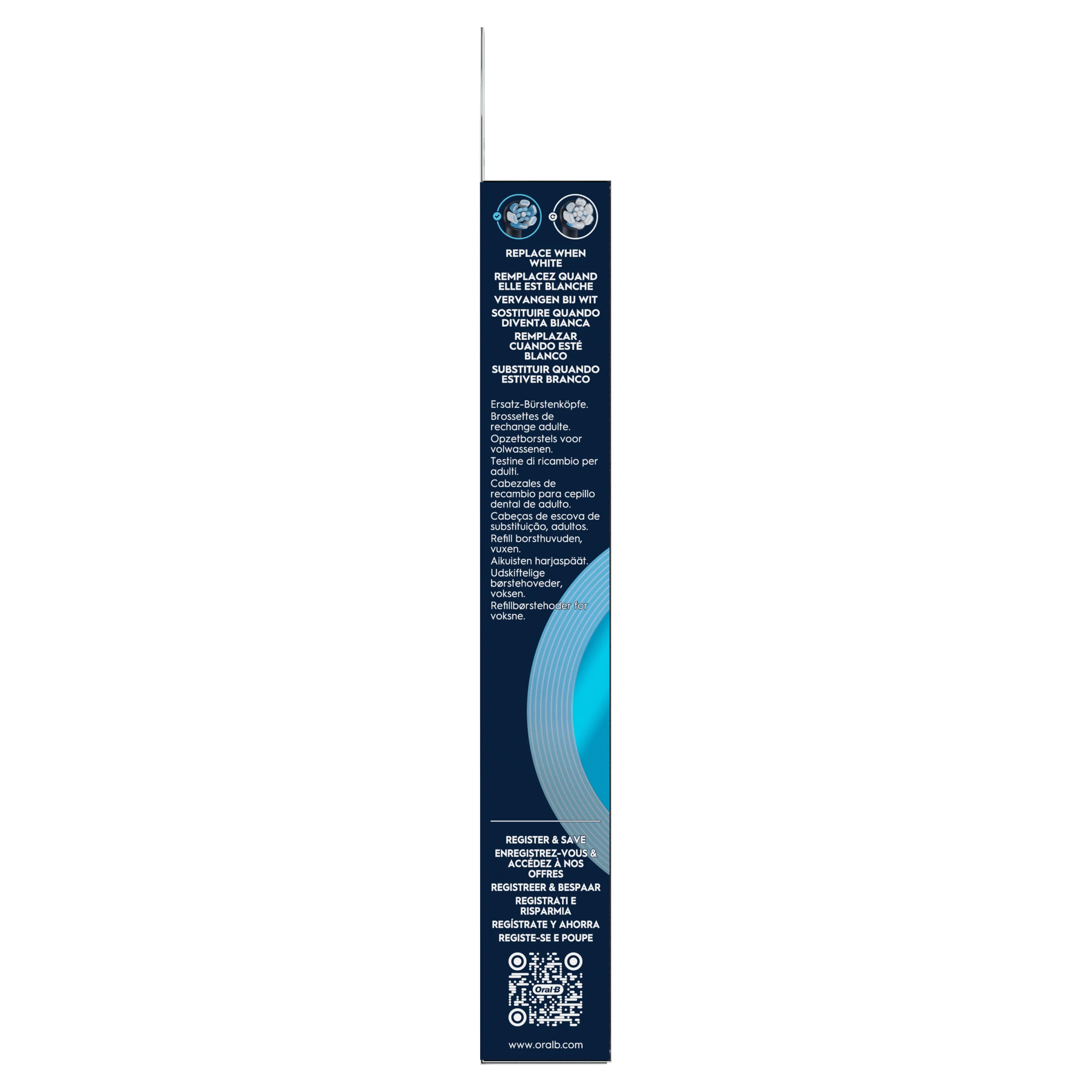 Oral-B, emballage indiquant "Remplacez quand elle est blanche" pour les brossettes de rechange.
