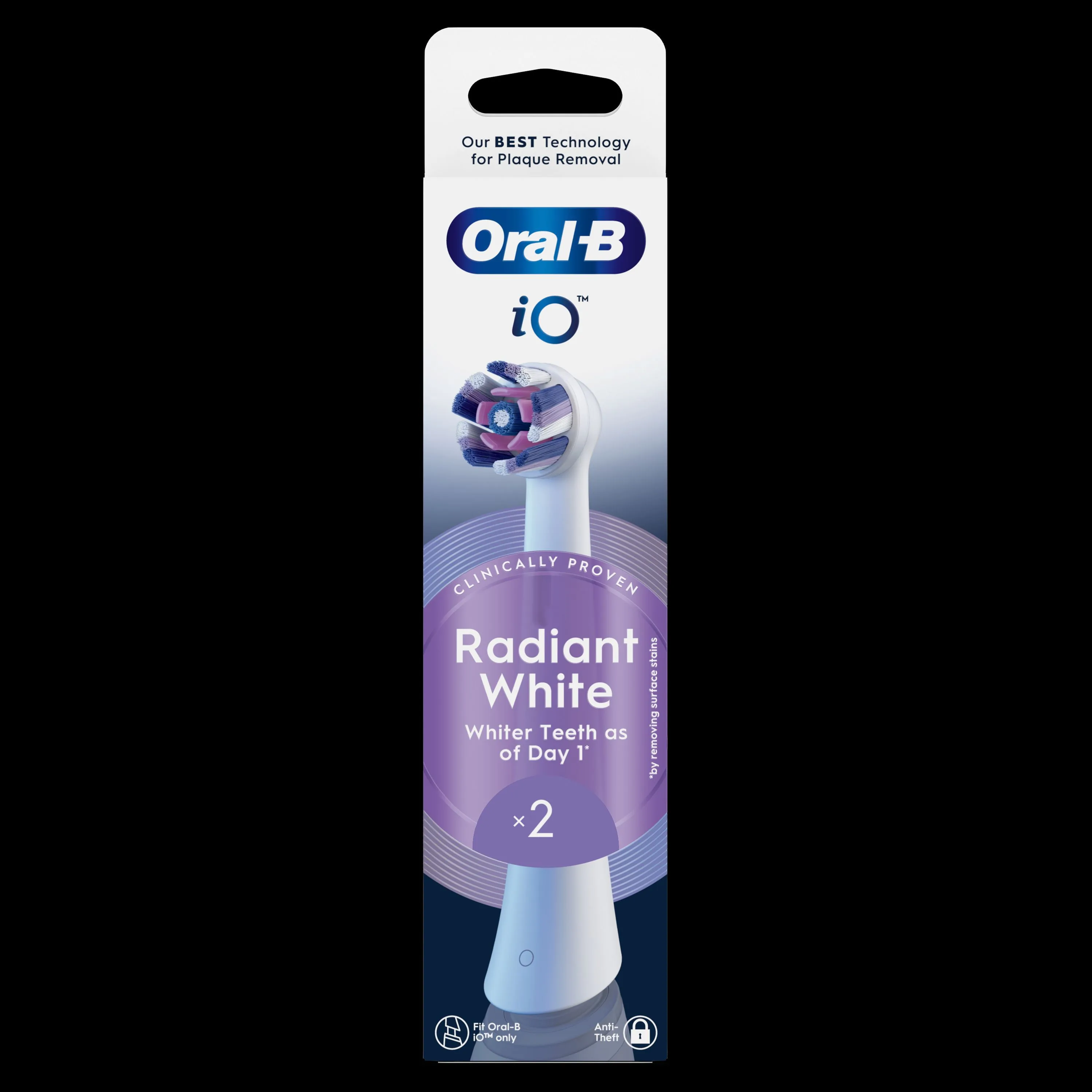 Oral-B iO, emballage de brossettes Radiant White, cliniquement prouvées pour des dents plus blanches dès le premier jour.