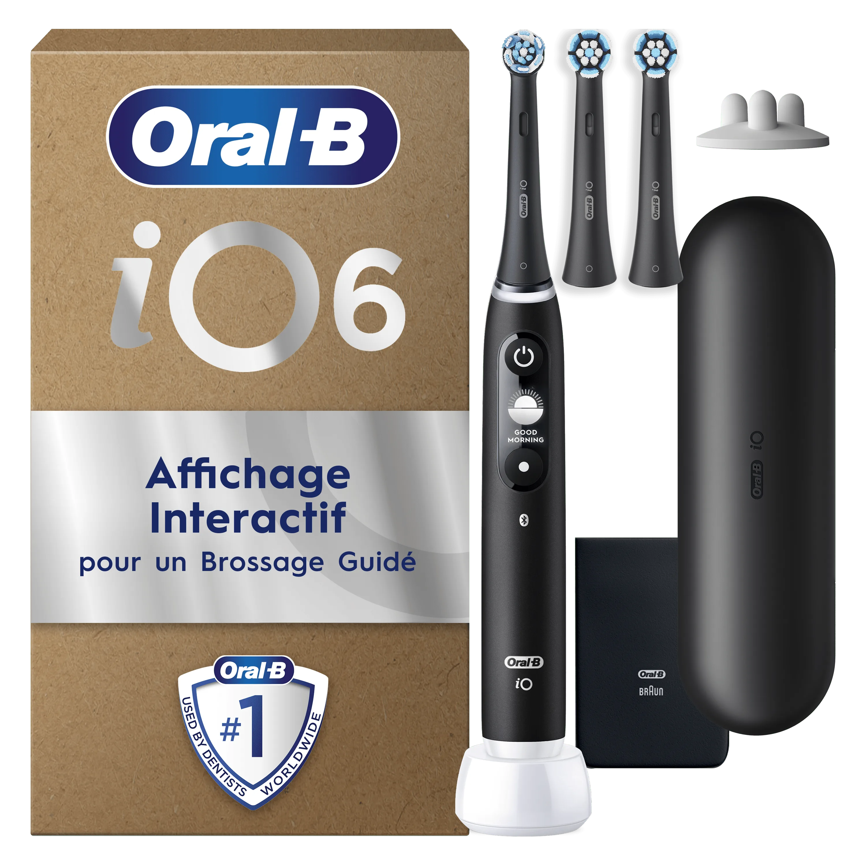 Oral-B iO 6, avec son emballage indiquant "Affichage Interactif pour un Brossage Guidé" et plusieurs têtes de brosse