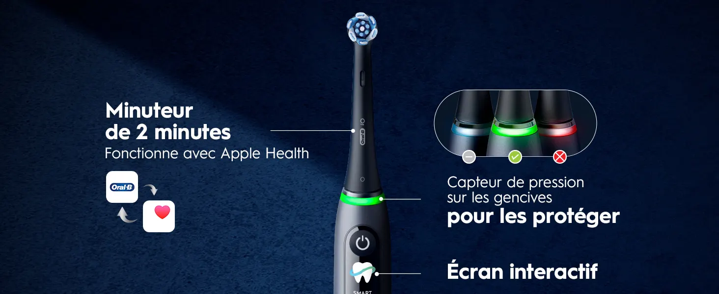 Brosse à dents électrique: minuteur, capteur de pression, écran interactif, compatible Apple Health 