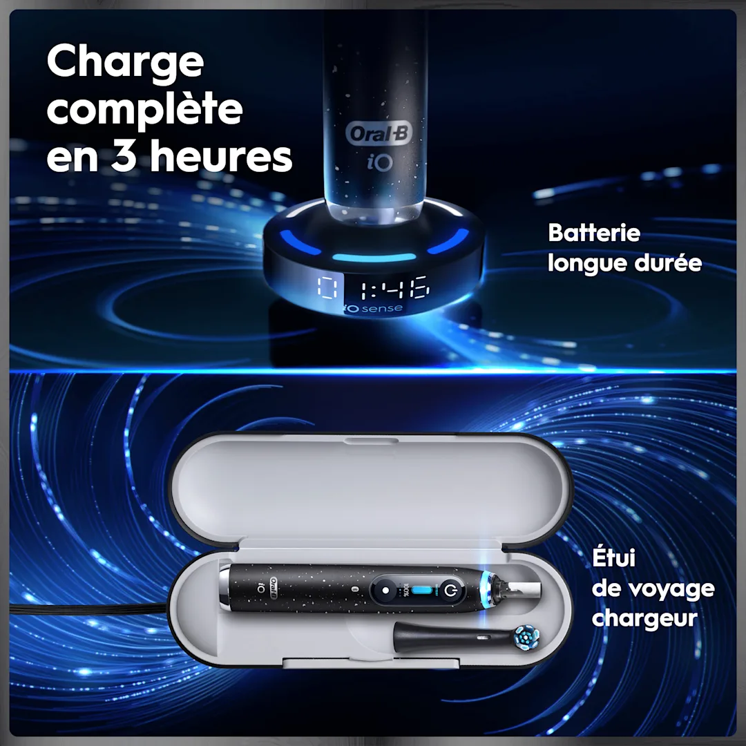 Brosse à dents électrique Oral-B iO avec socle de charge rapide (3 heures), batterie longue durée et étui de voyage chargeur.
