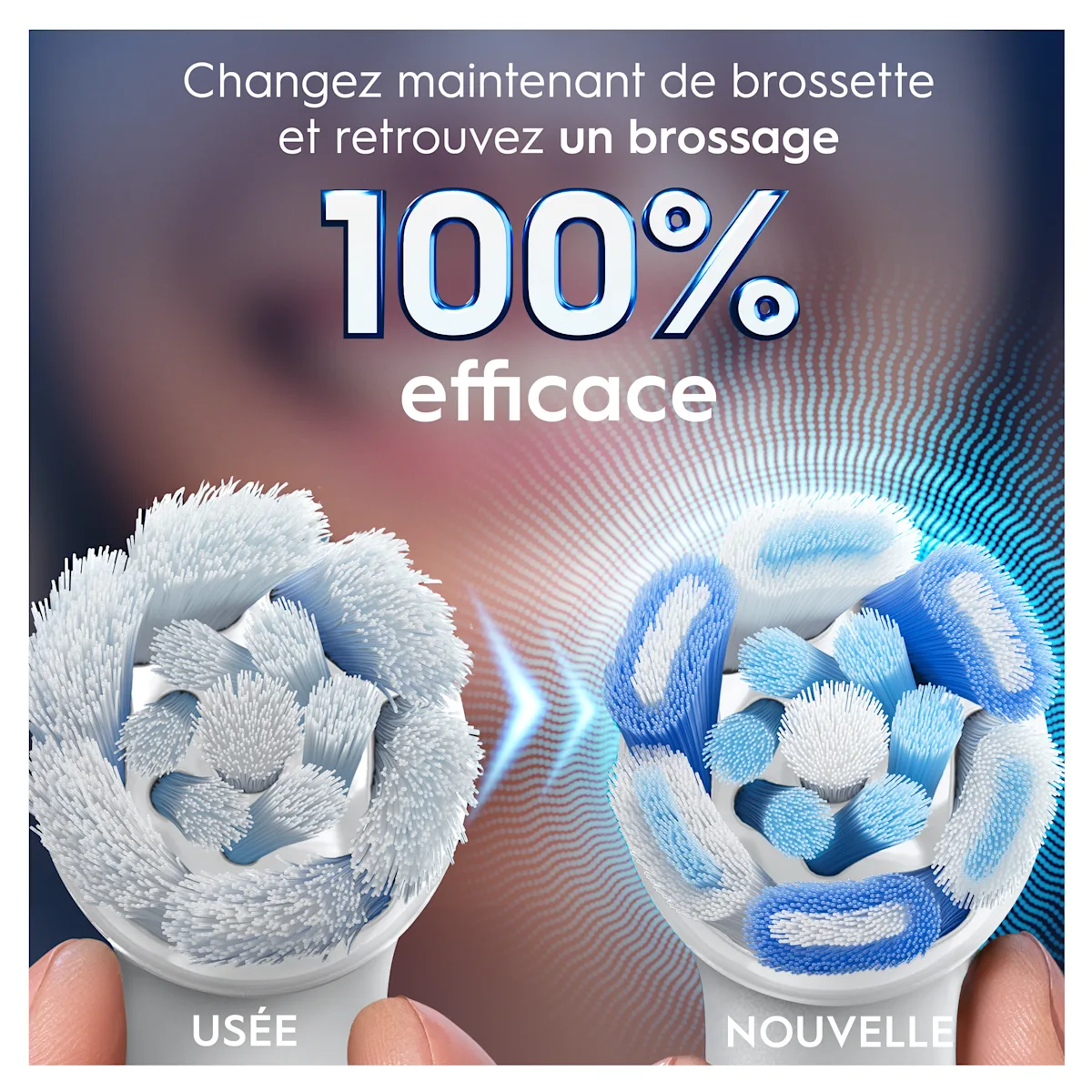 Une brosse à dents Oral-B usagée comparée à une brosse neuve, soulignant un brossage 100% efficace après le remplacement.
