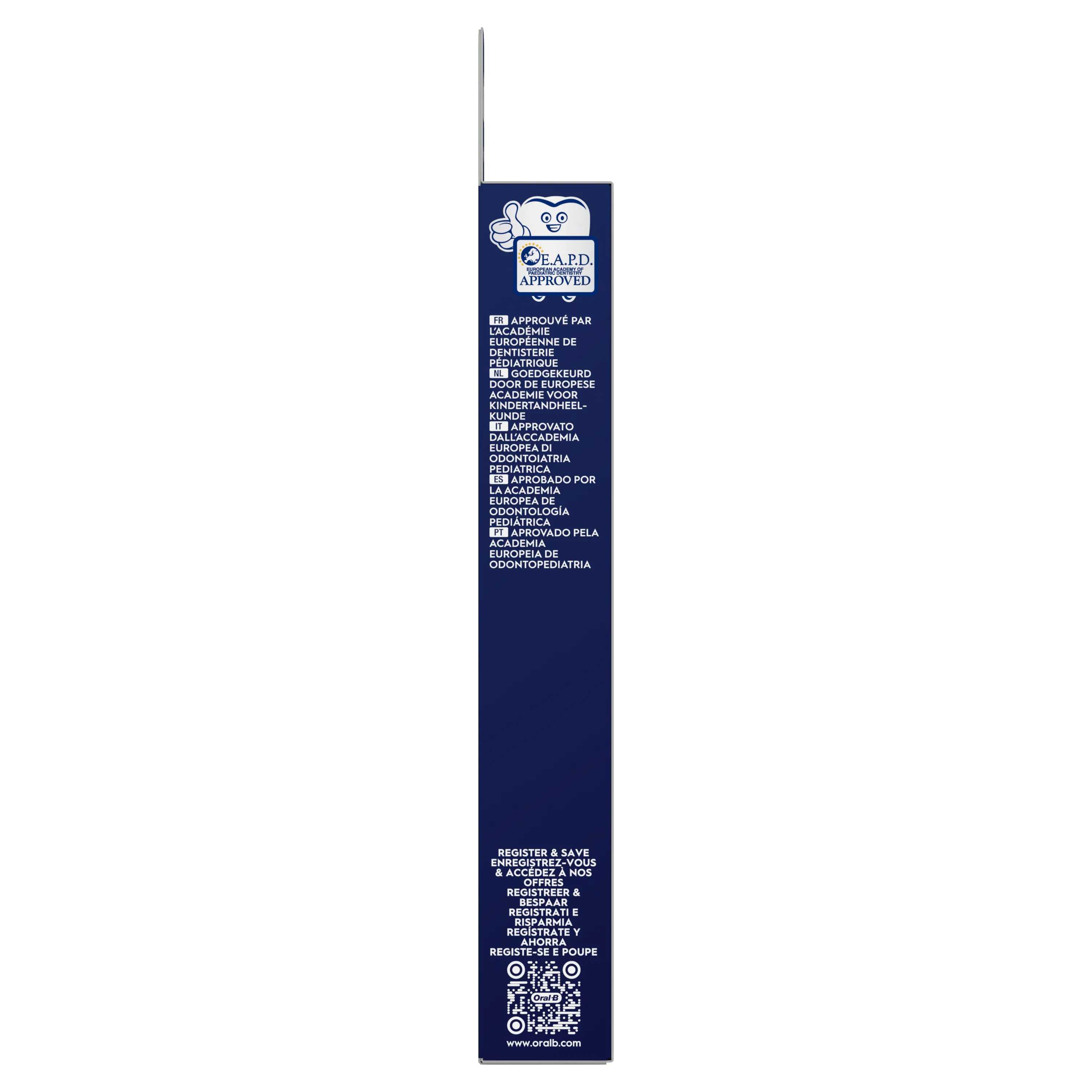 Emballage de brosses à dents Oral-B indiquant l'approbation par l'Académie Européenne de Dentisterie Pédiatrique.