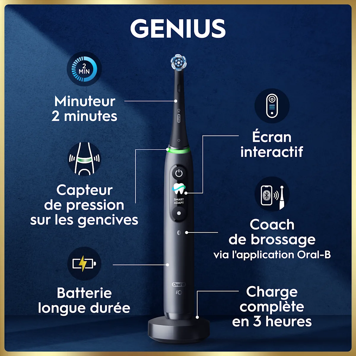 Oral-B iO brosse à dents électrique Genius, présentant ses fonctions intelligentes.