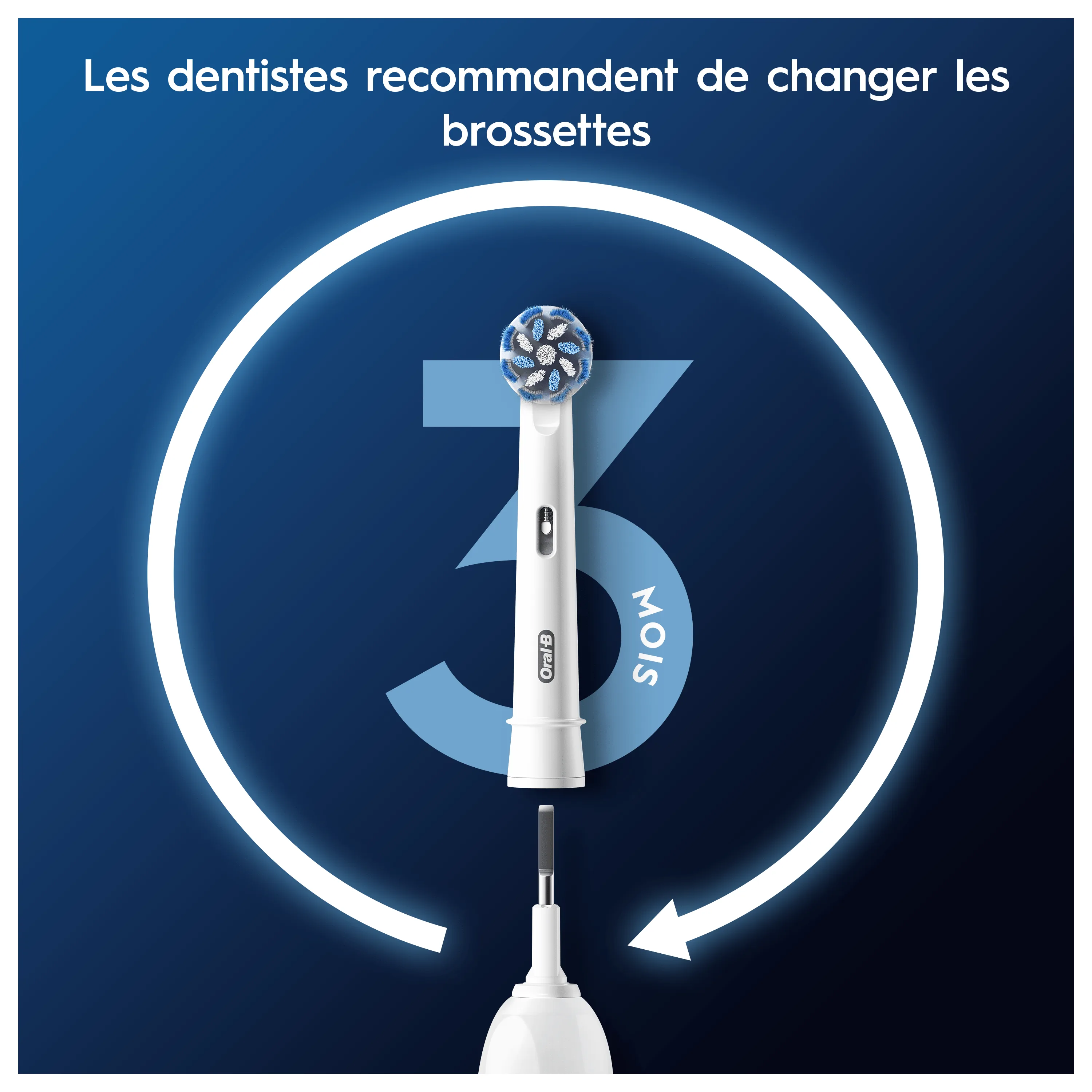 Il est recommandé de changer les brossettes Oral-B tous les 3 mois, comme indiqué par le cercle et le chiffre mis en évidence.