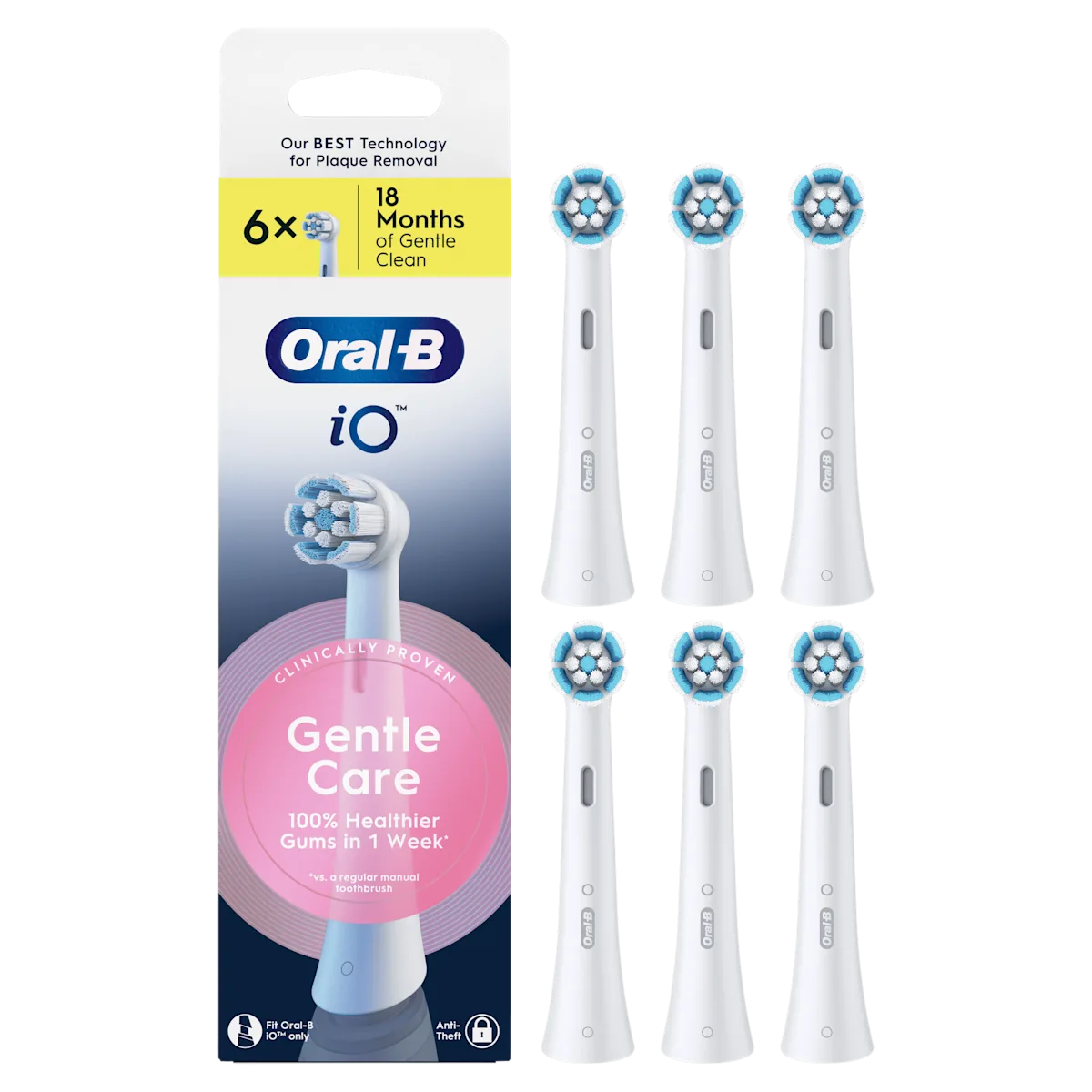 Oral-B iO, pack de 6 brossettes, avec emballage mettant en avant le soin doux et des gencives 100% plus saines en une semaine.