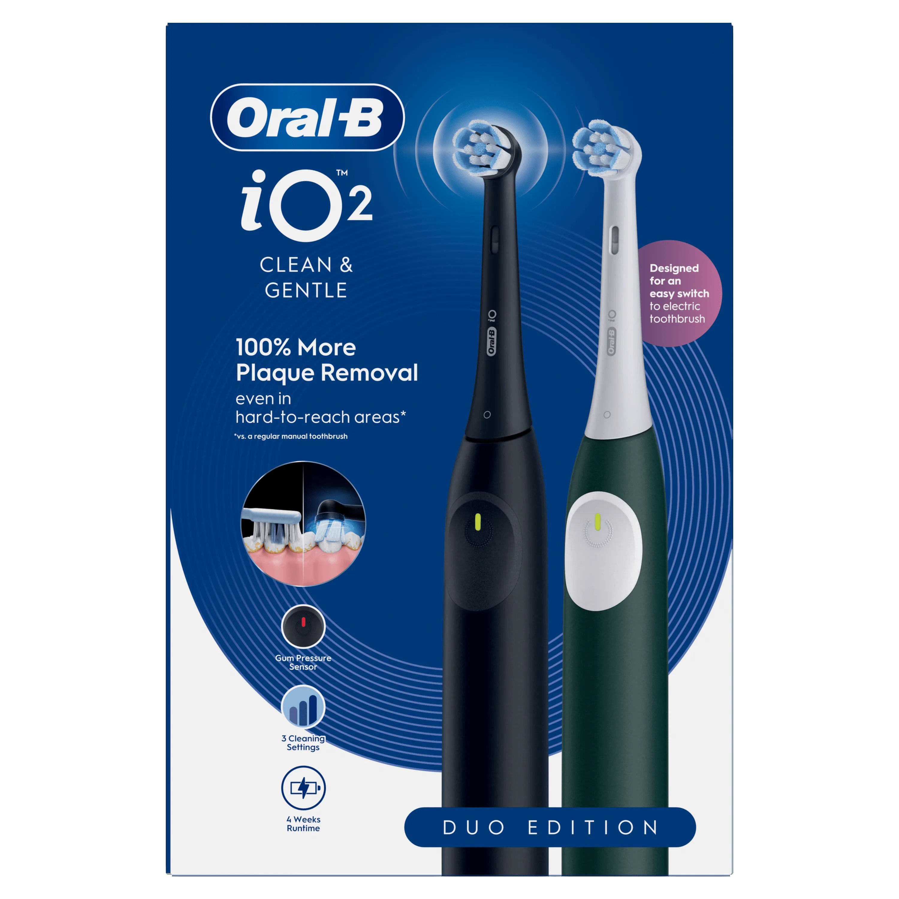 Oral-B iO2 édition duo, mettant en avant Jusqu à 100 % de plaque dentaire éliminée en plus, même dans les zones difficiles d’accès