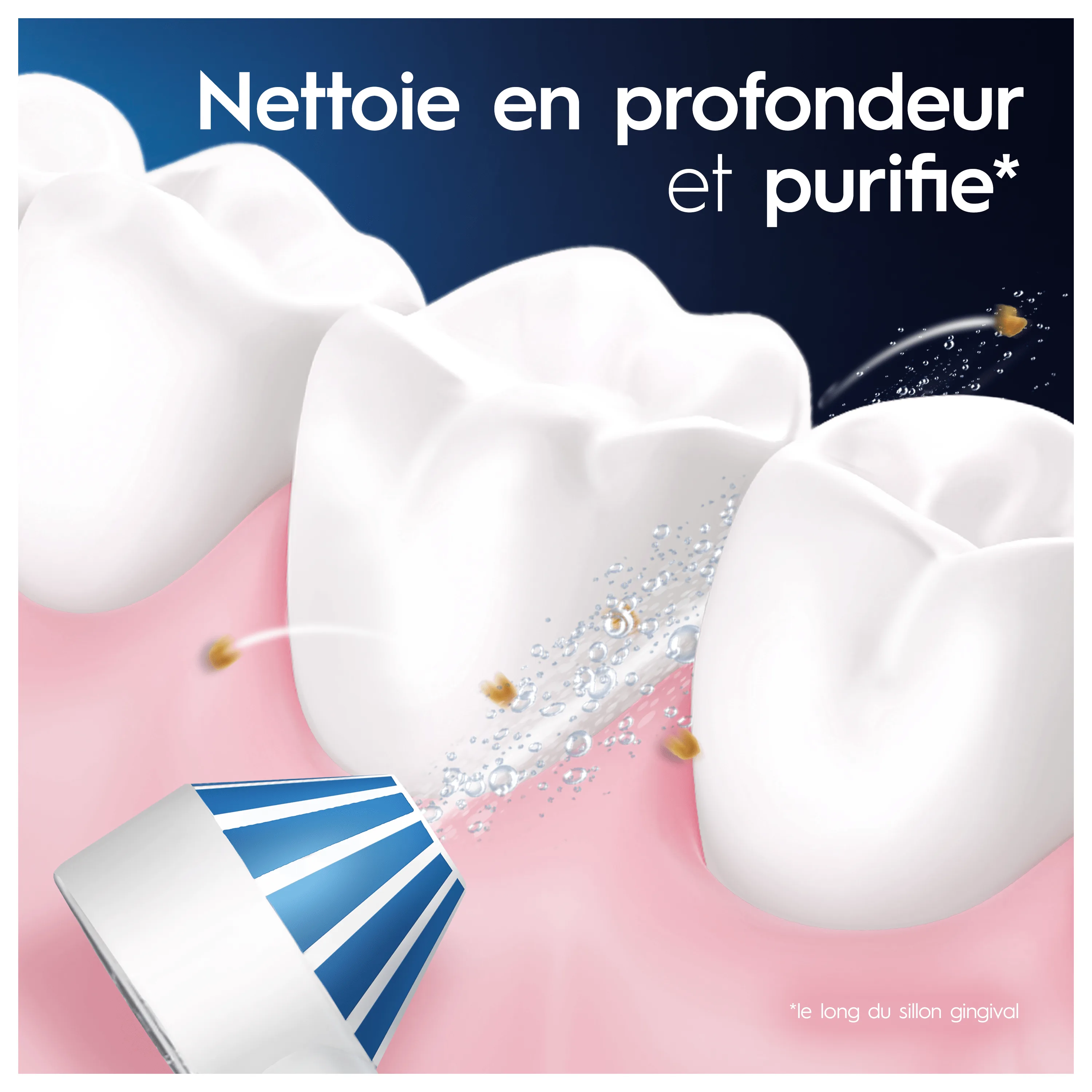 Oral-B illustre un nettoyage en profondeur et une purification des dents, ciblant le sillon gingival pour éliminer les impuretés.