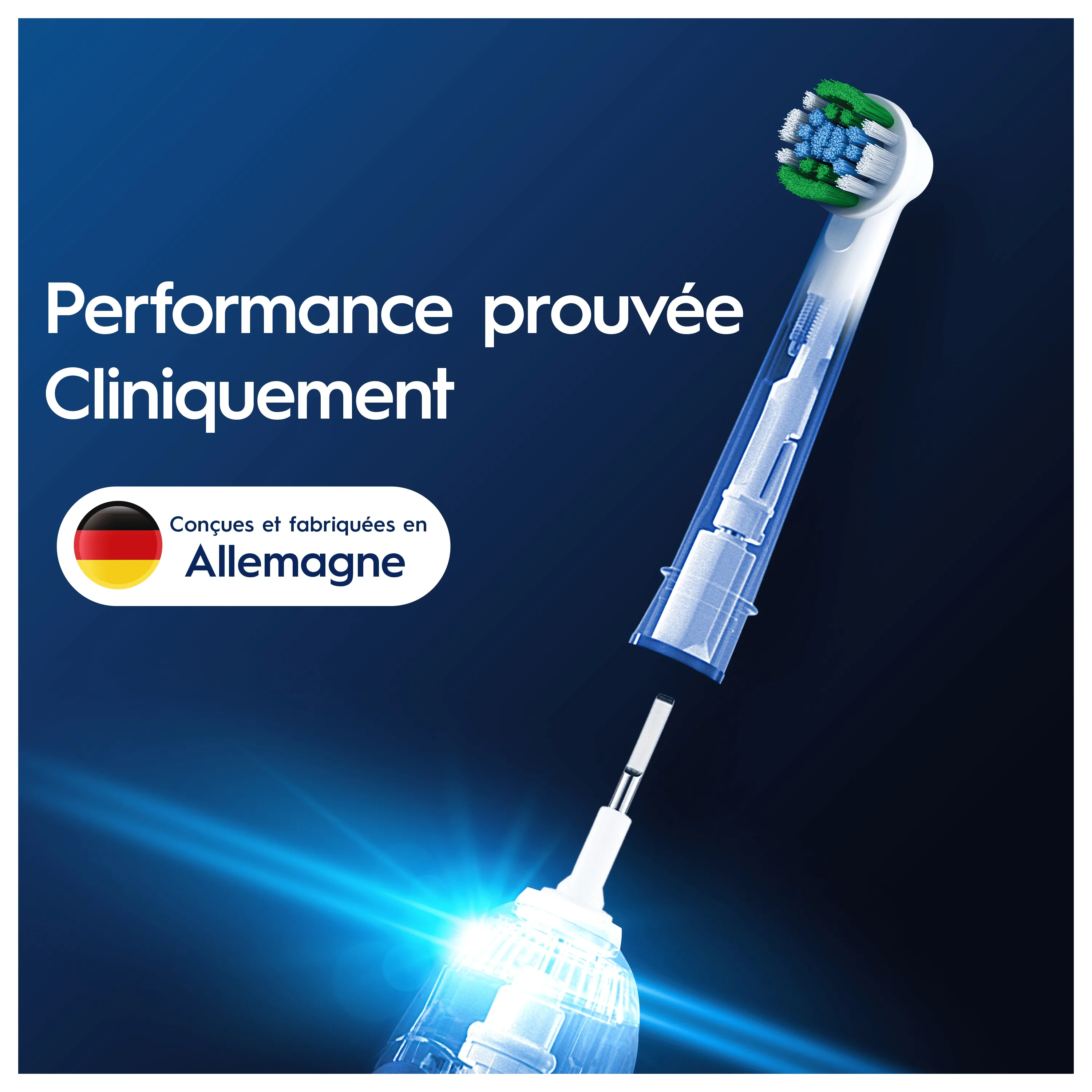 Brosse à dents Oral-B démontrant une performance cliniquement prouvée et conçue et fabriquée en Allemagne.