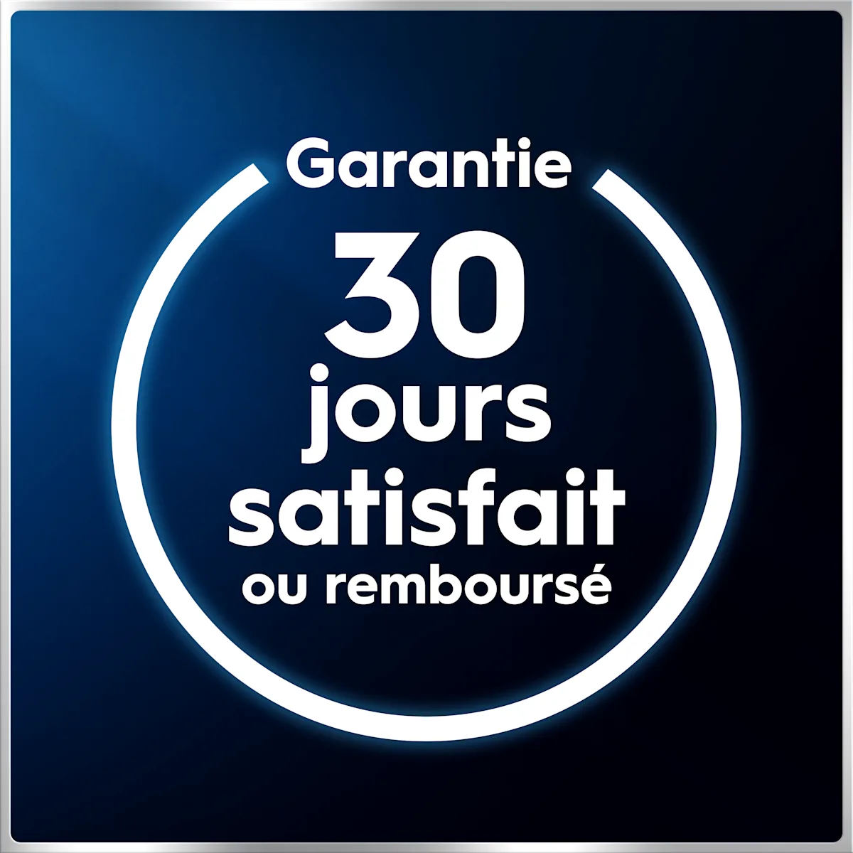 Garantie 30 jours satisfait ou remboursé dans un cercle blanc sur fond bleu foncé